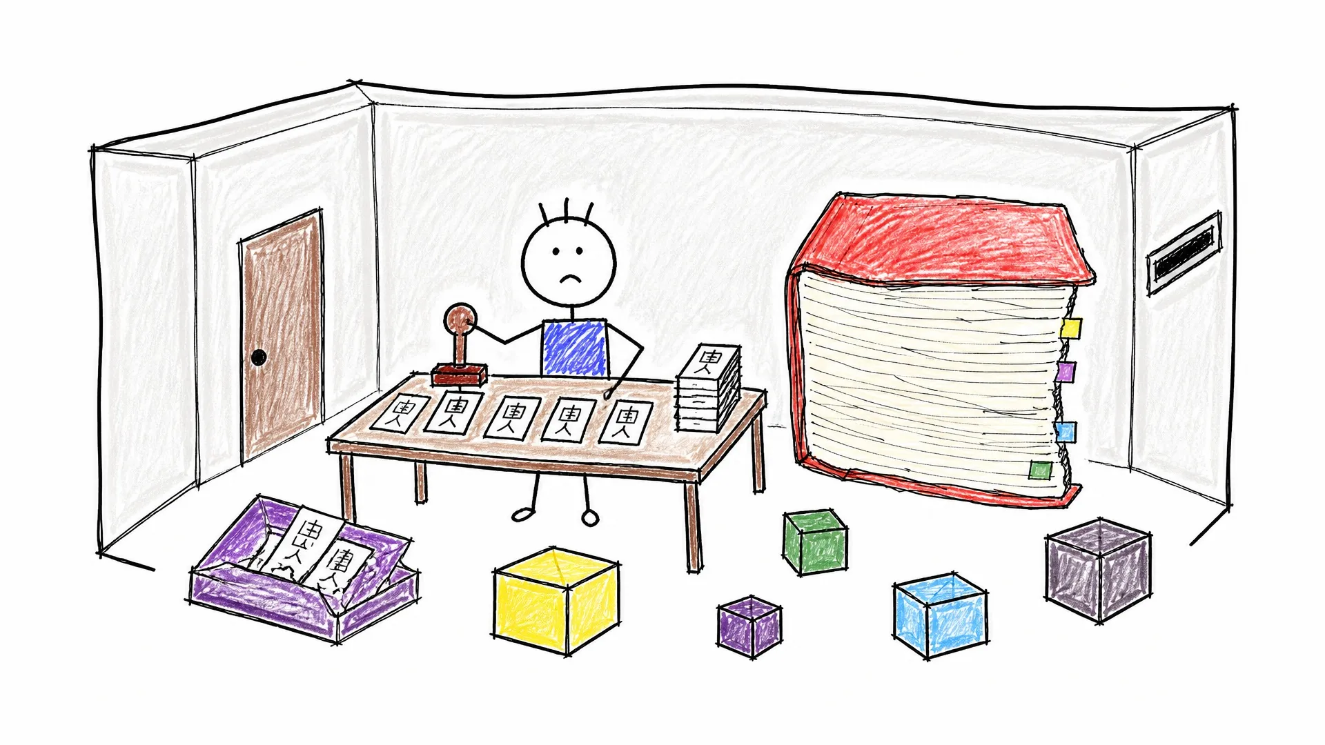 A person inside a room sorts Chinese symbol cards by following a giant instruction book