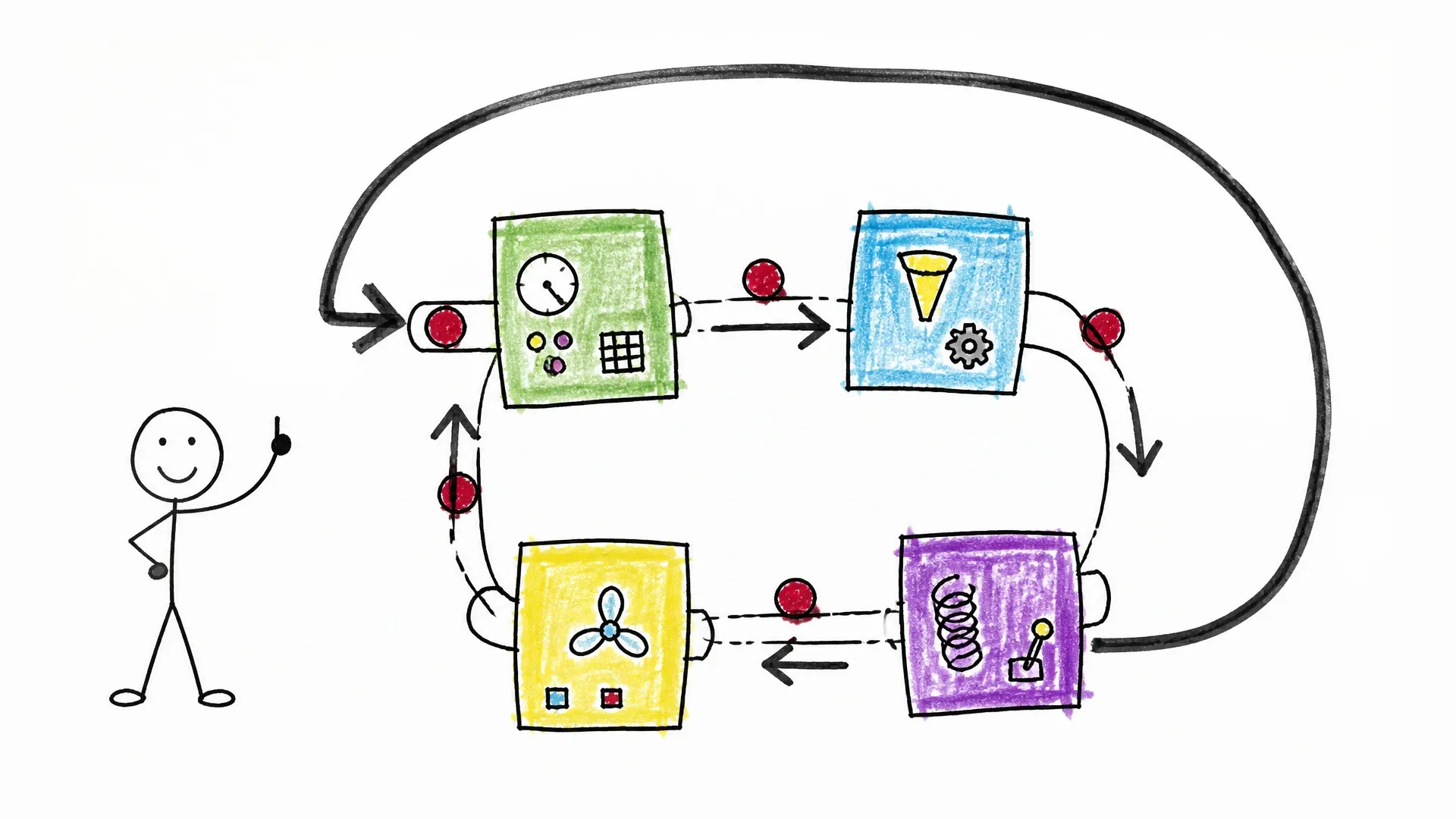 Four colored processing modules connected in a loop while a person points to the recurring flow