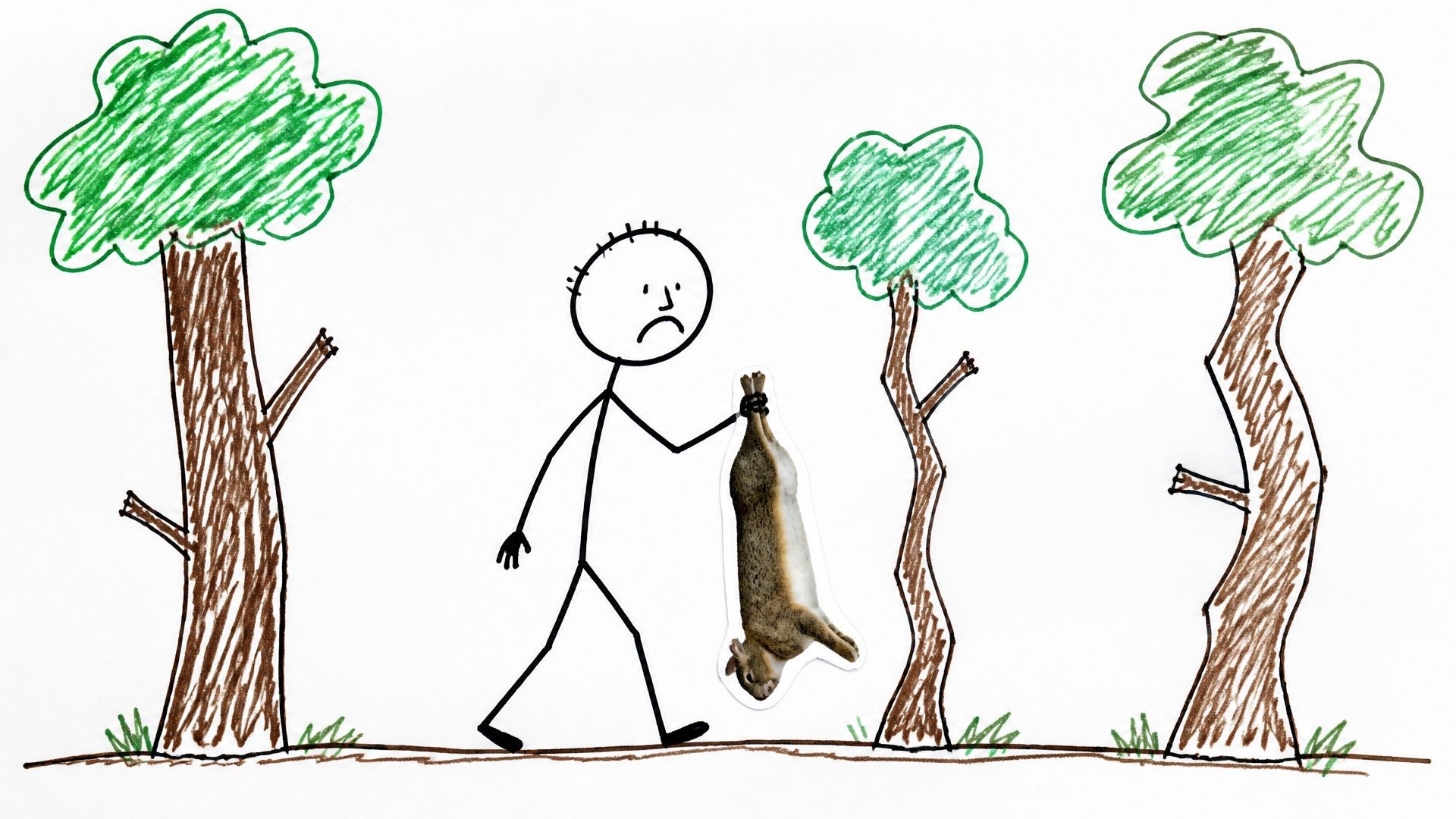A stick figure carrying a realistic cut-out rabbit through a sparse badly drawn rainy forest
