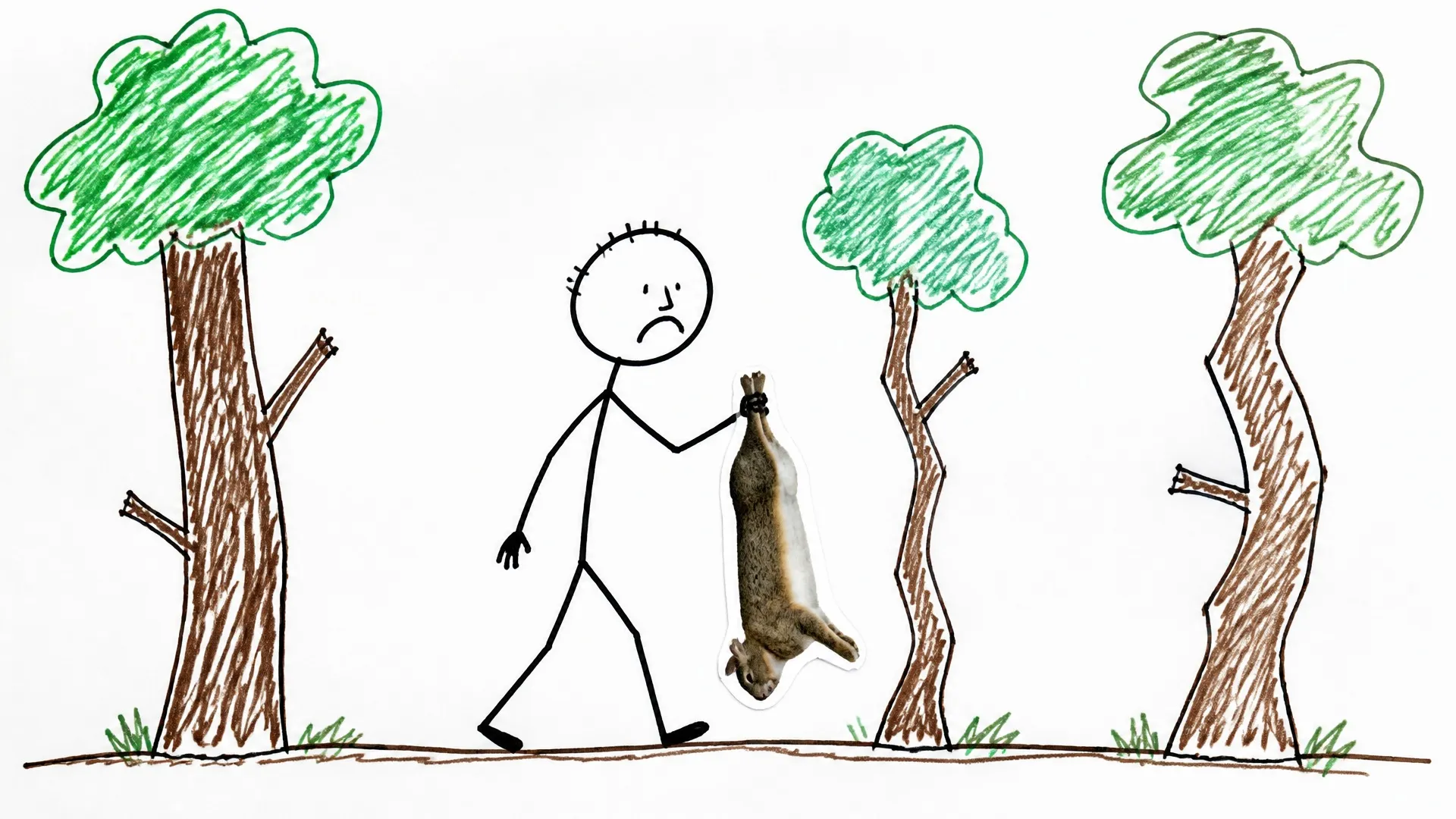 A stick figure carrying a realistic cut-out rabbit through a sparse badly drawn rainy forest