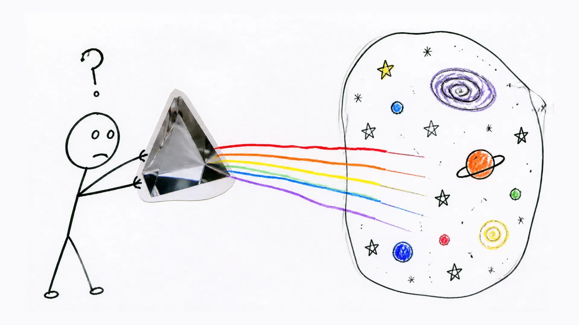 A prism points toward a drawn universe while a person looks for evidence