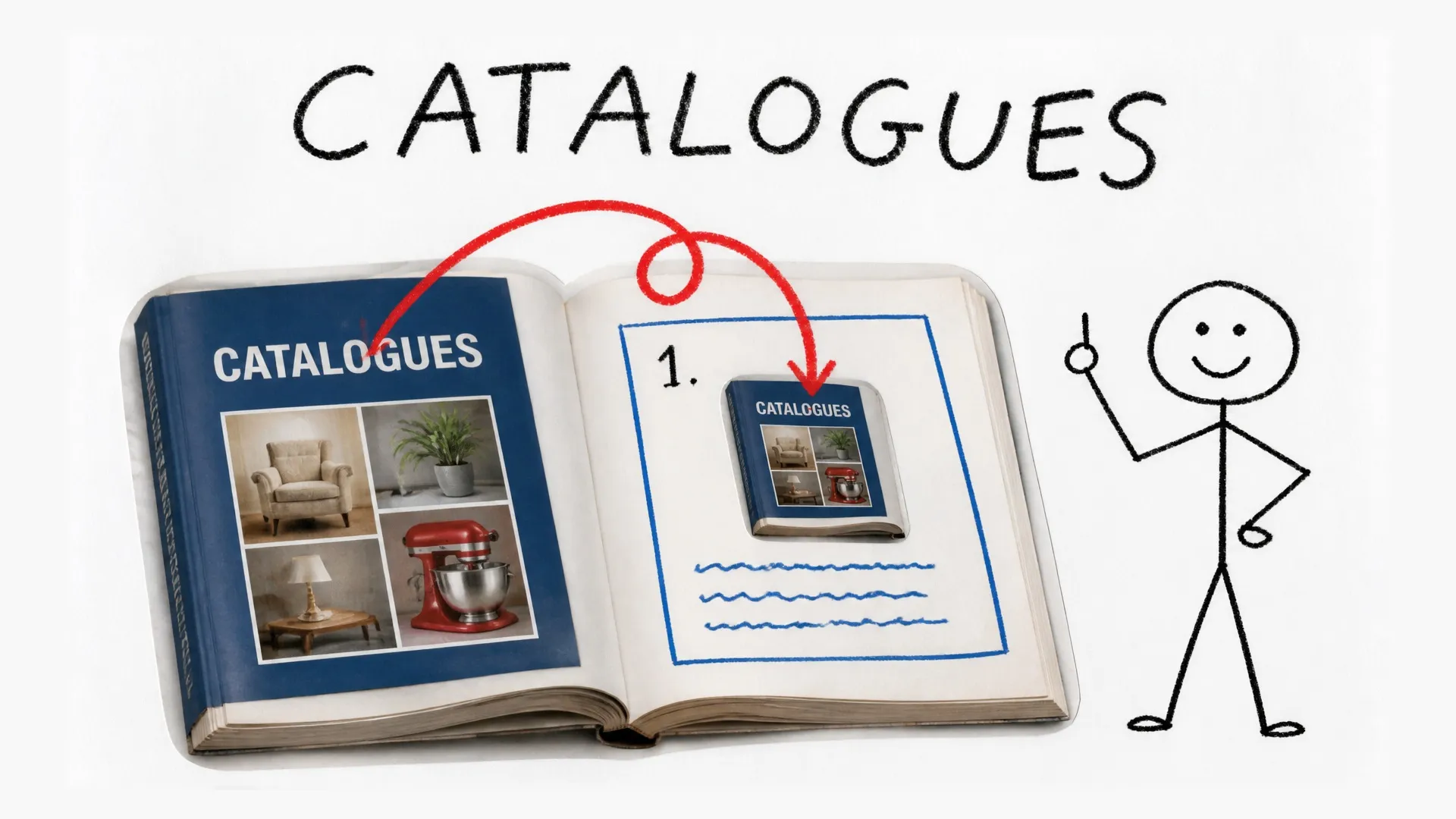 An open catalogue contains a smaller copy of the same catalogue on its own page