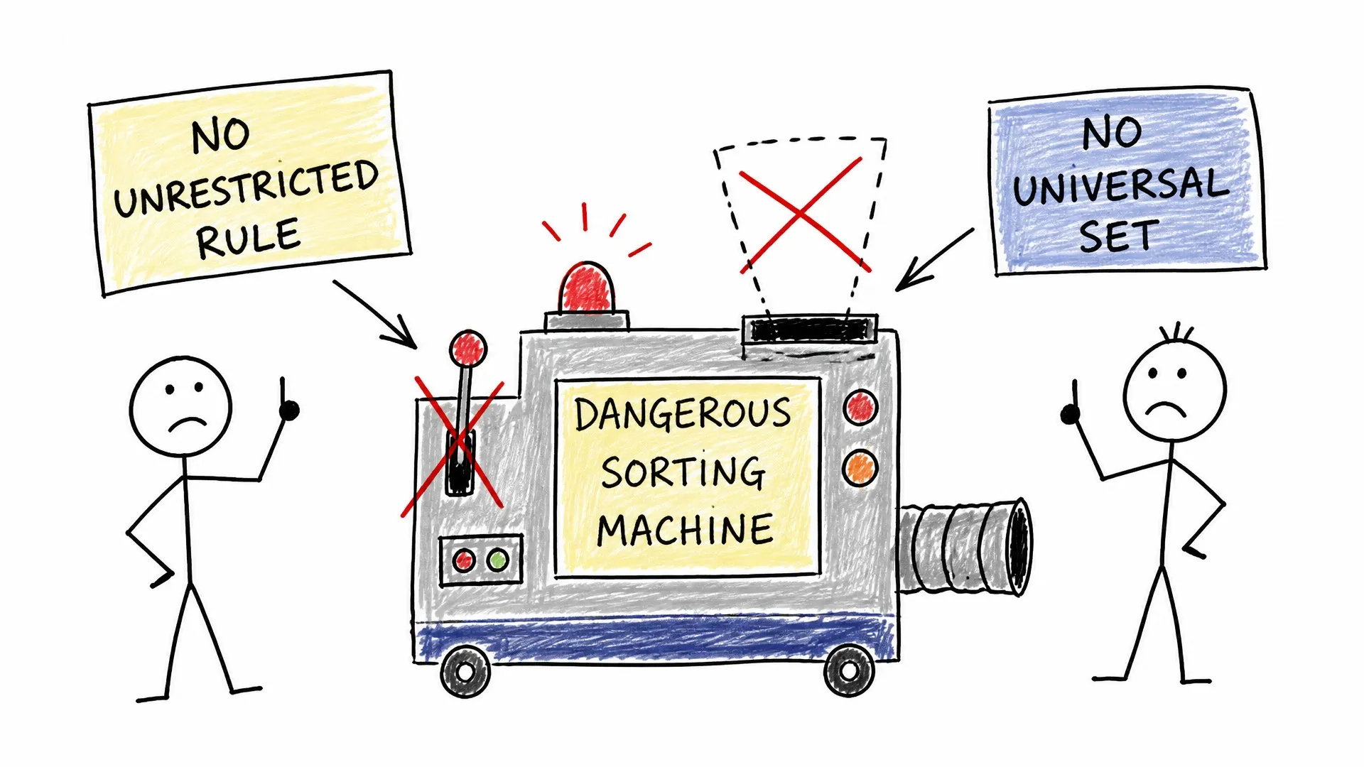 A sorting machine is disabled beneath signs rejecting unrestricted rules and a universal set