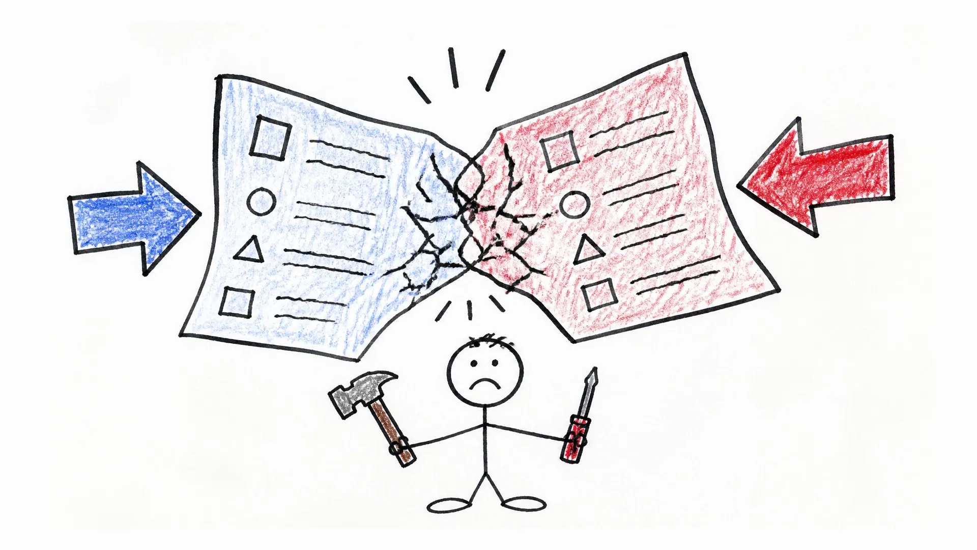 Two incompatible instruction sheets collide and tear while a person holds tools below them