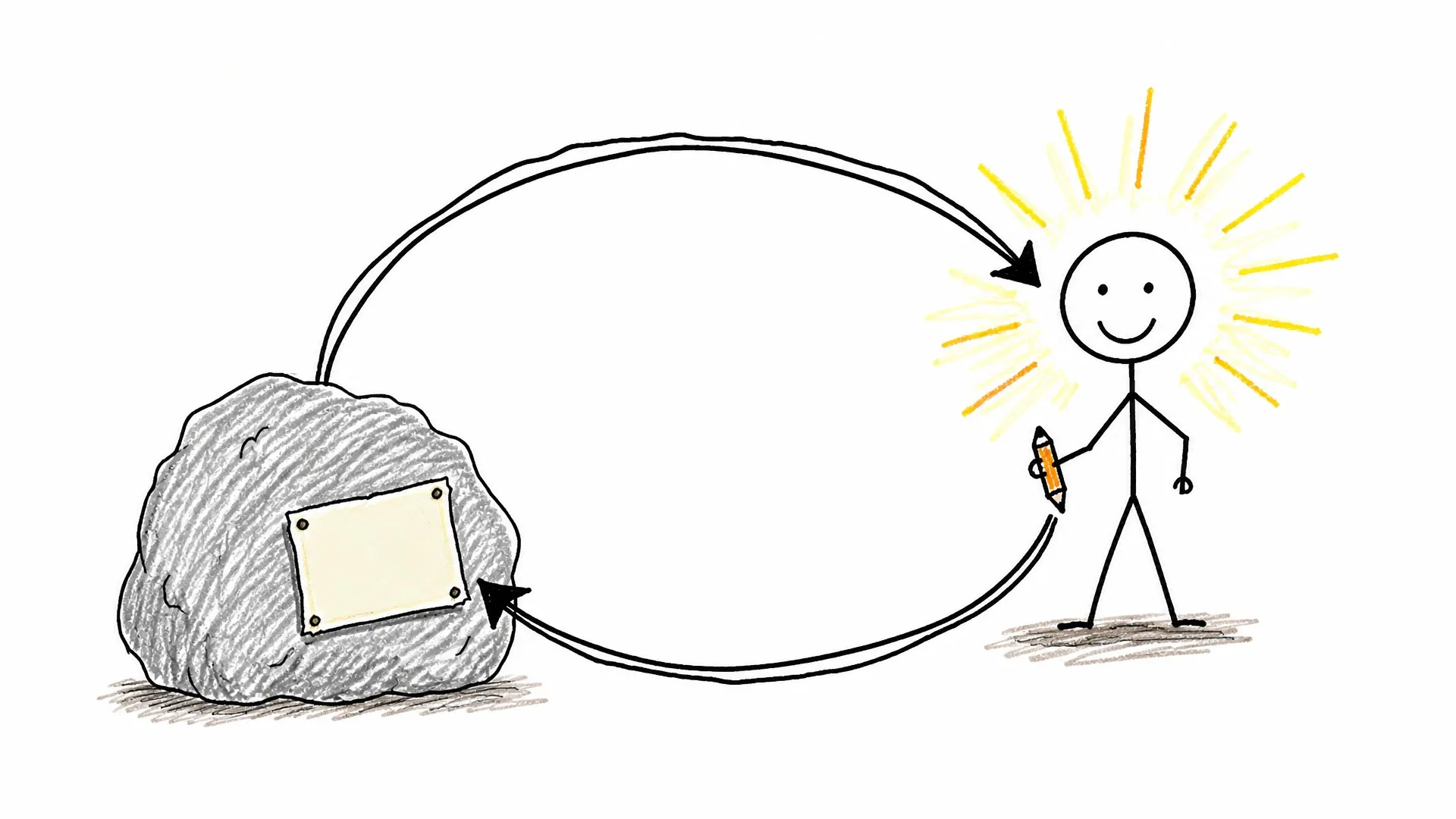 A labeled stone and a person point arrows at each other in a closed self-referential loop