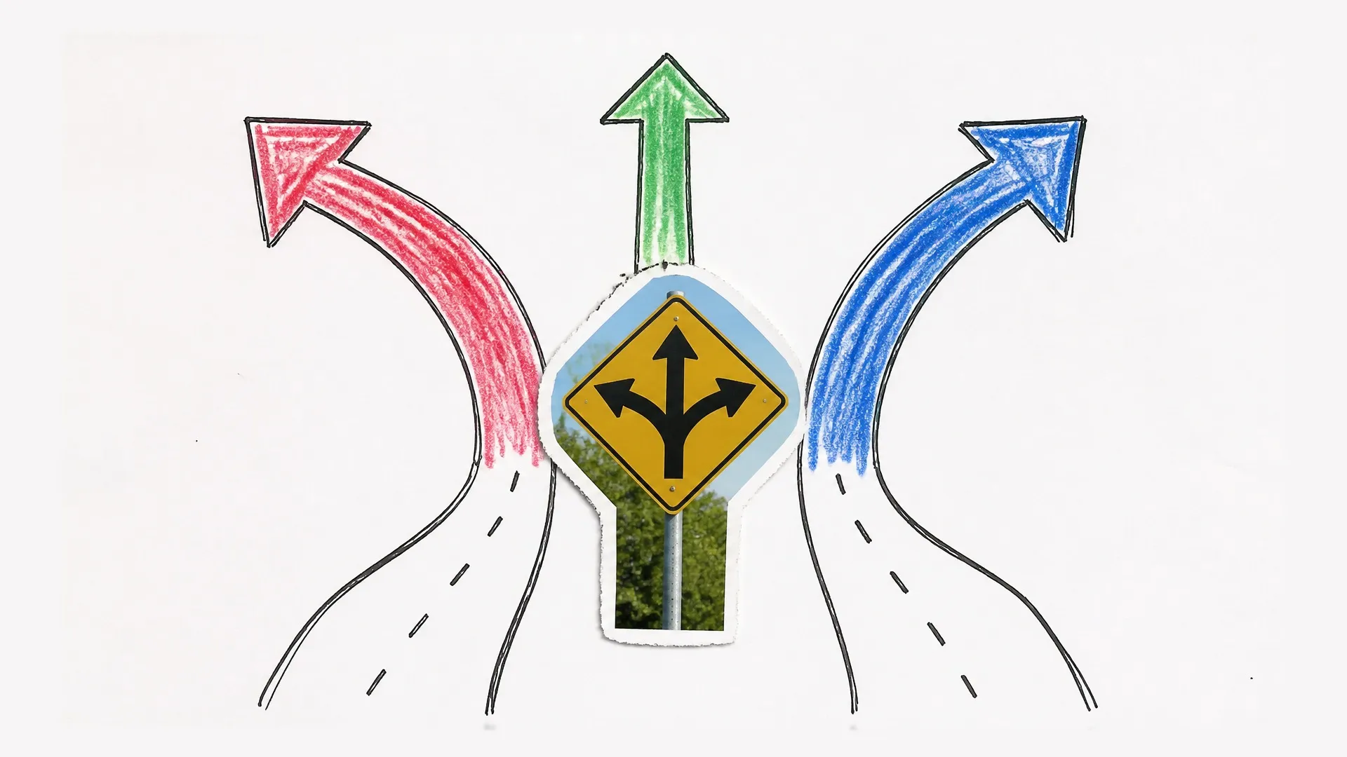 Three colored roads branch from one junction to represent competing definitions of omnipotence