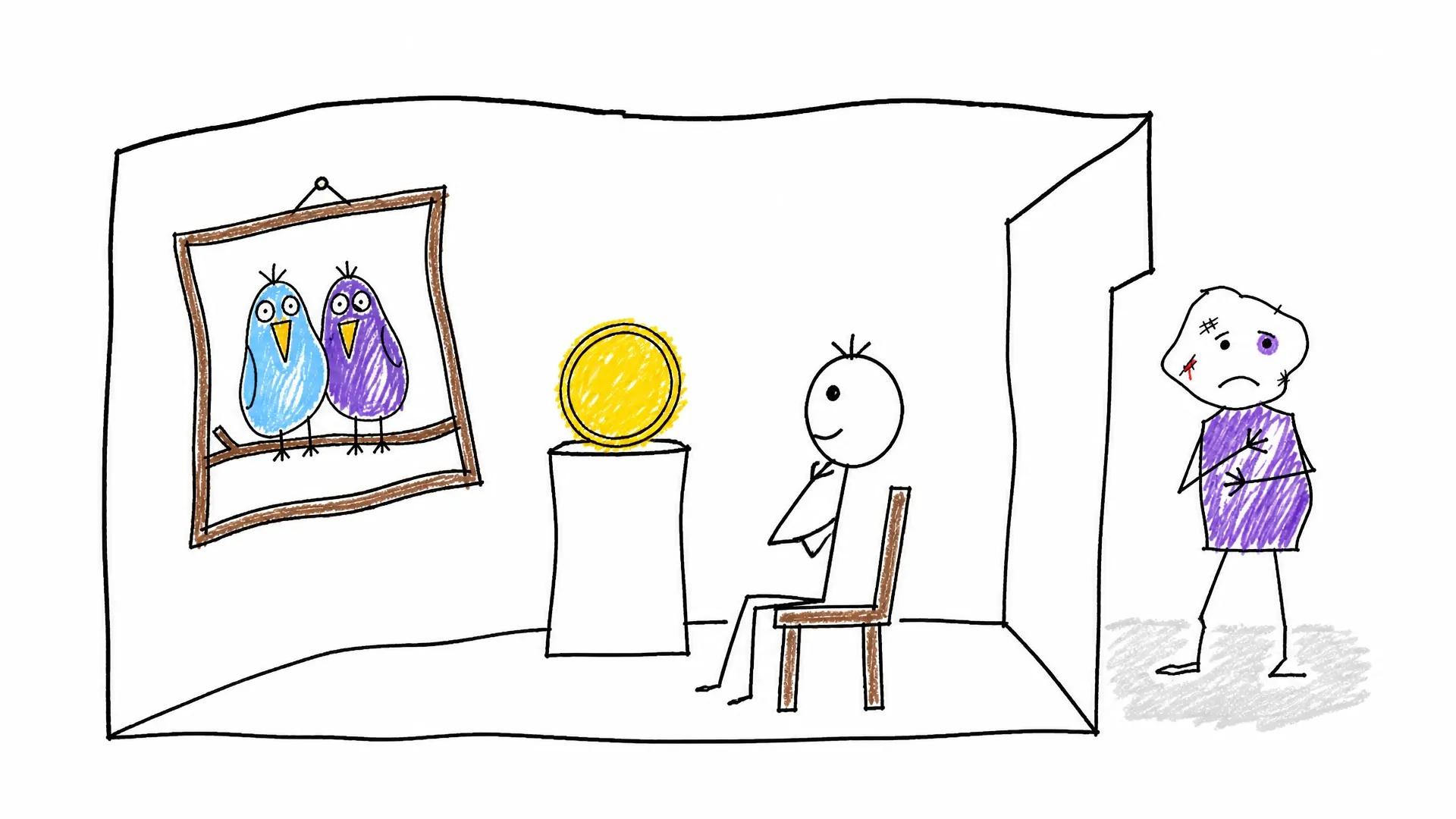 A hurt person stands outside a gallery where a viewer studies a bird painting and a gold award