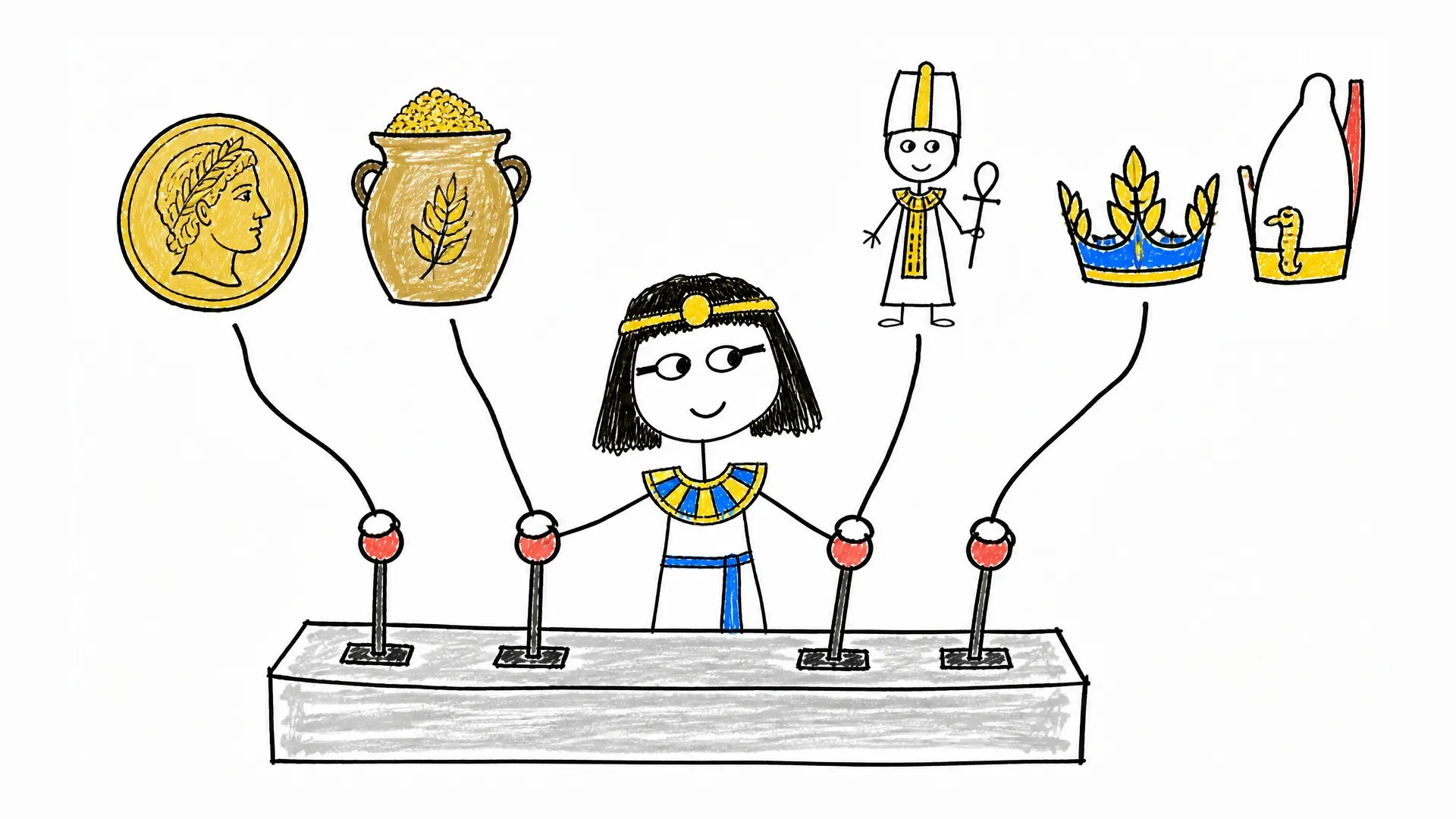Cleopatra controls levers for coinage, grain, priests, and Greek and Egyptian royal symbols