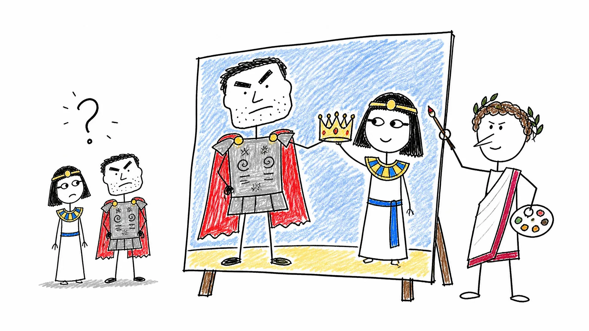 An artist paints Antony handing Cleopatra a crown while Octavian points to the staged picture
