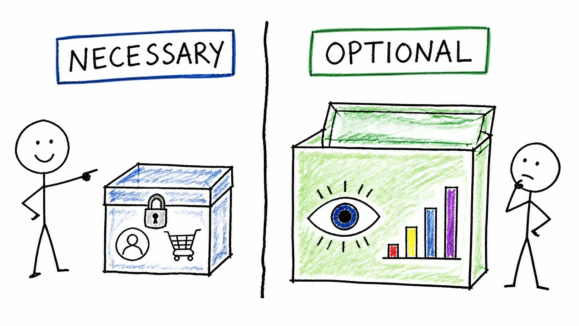 Badly drawn figures beside two boxes labeled Necessary and Optional, with a cart and lock in one and an eye and analytics chart in the other.