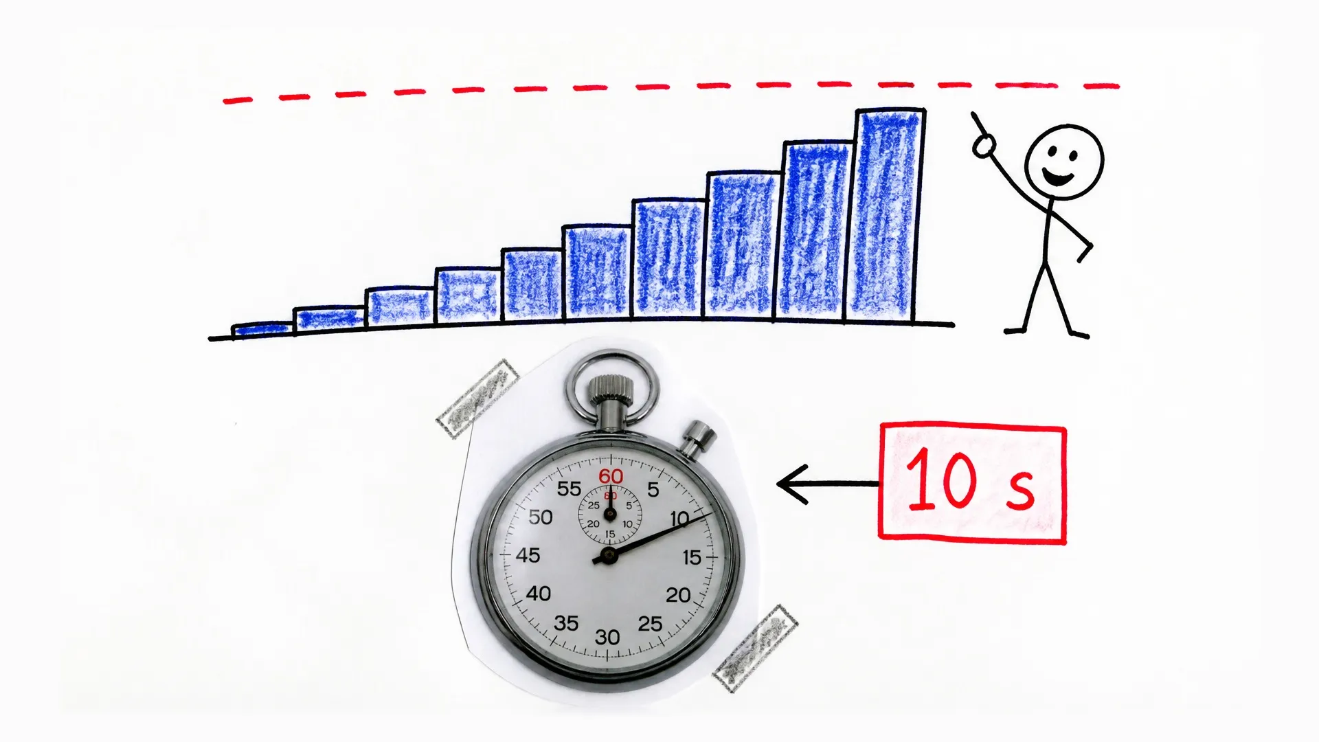 Shrinking blue steps approach a limit beside a stopwatch marked ten seconds