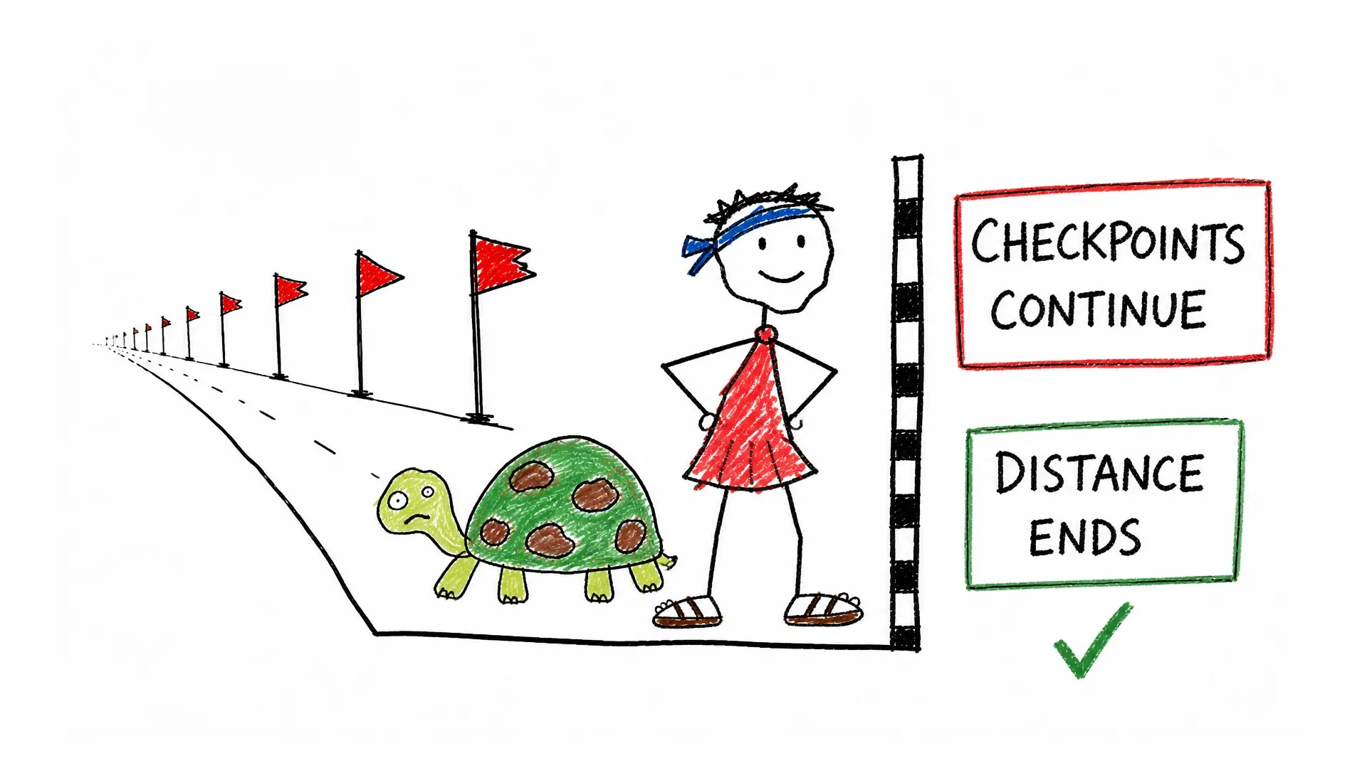 Achilles passes a tortoise while checkpoint flags continue behind them