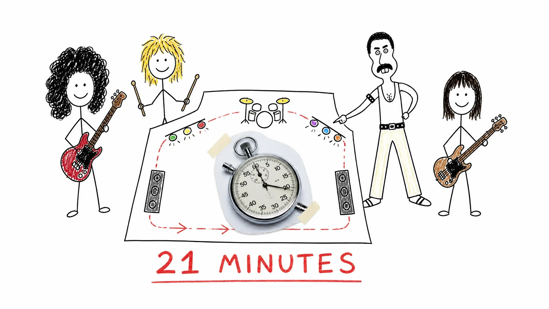 Queen plans a compact stadium stage set around a stopwatch marked 21 minutes
