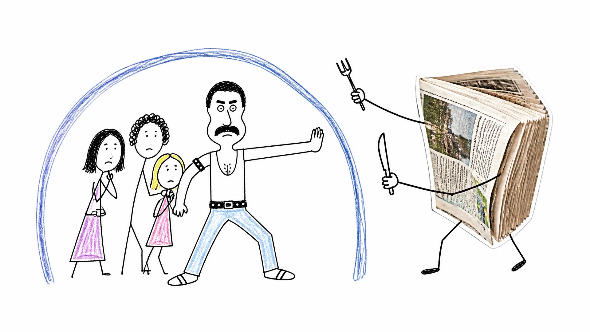 Freddie Mercury shields three loved ones from an aggressive newspaper holding cutlery