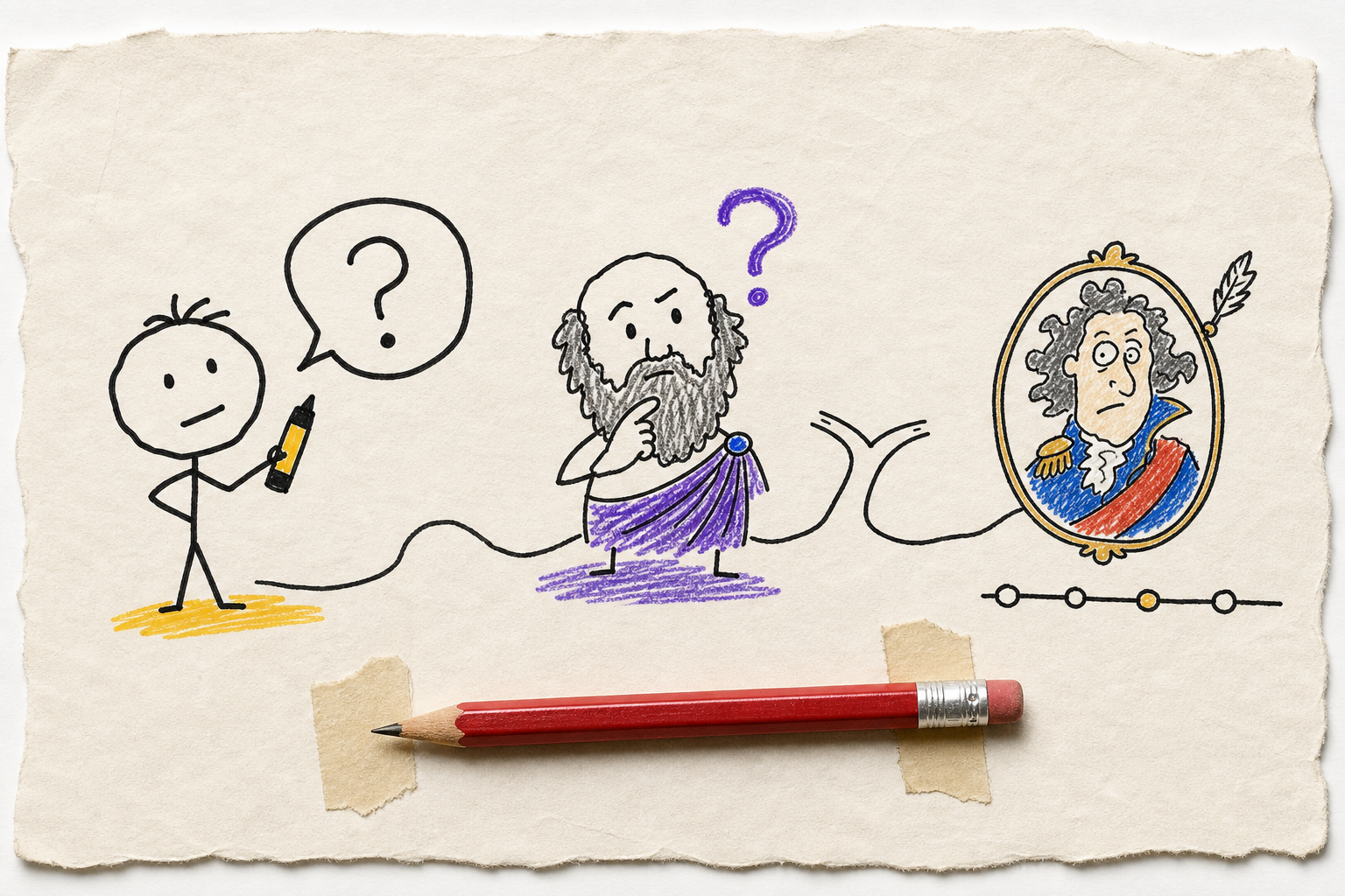 Three badly drawn channel characters connected on torn paper above a realistic red pencil