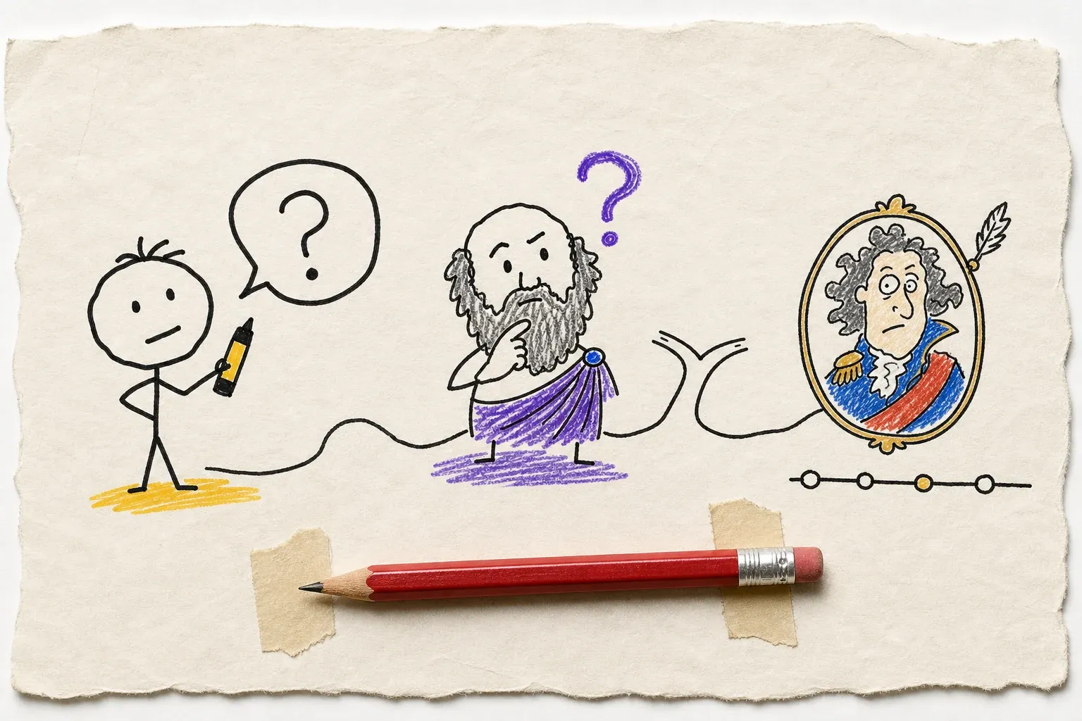 Three badly drawn channel characters connected on torn paper above a realistic red pencil