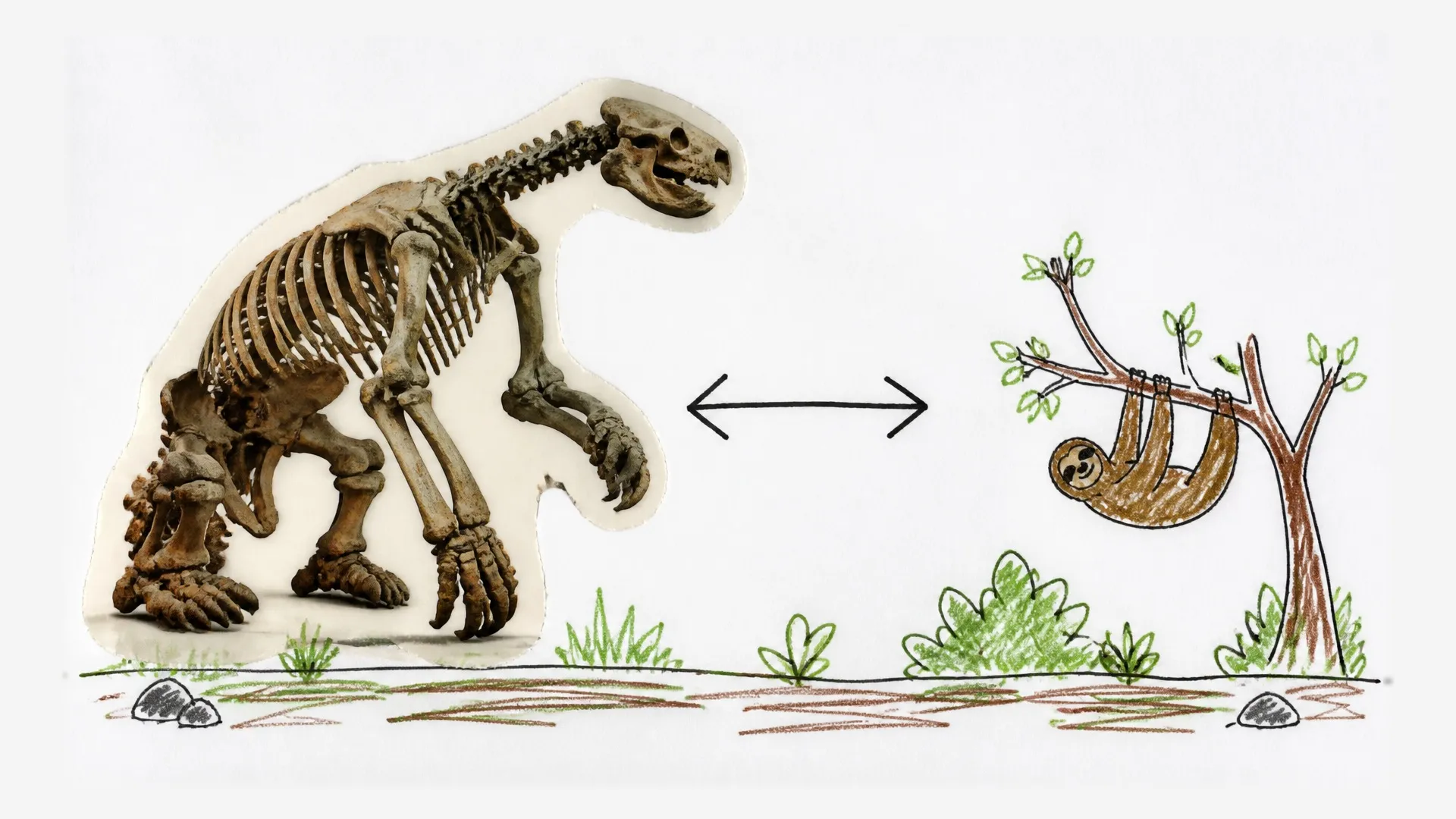 A giant fossil mammal skeleton points toward a smaller living South American animal