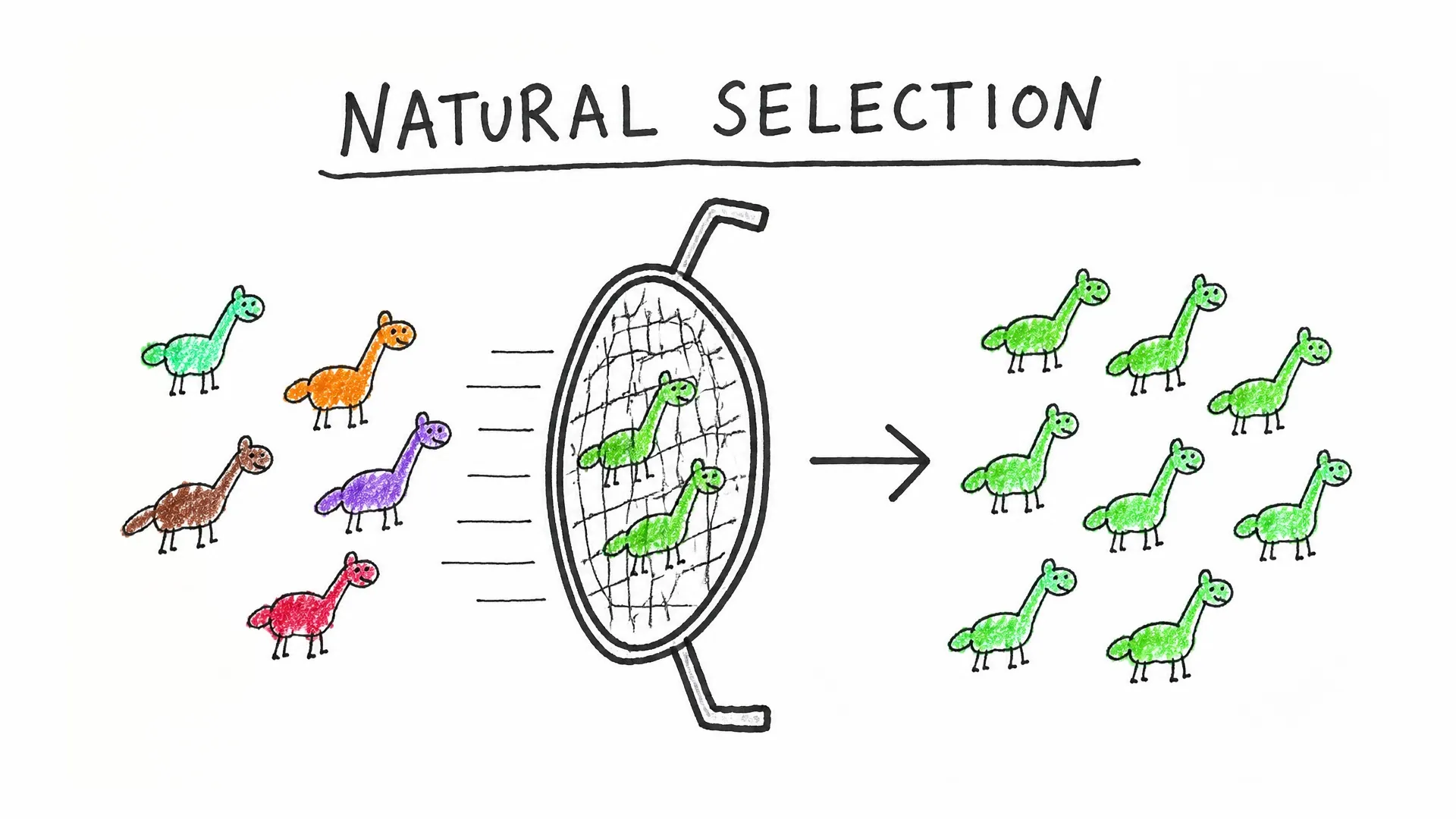 Colored beetles pass through a selection screen until mostly green beetles remain