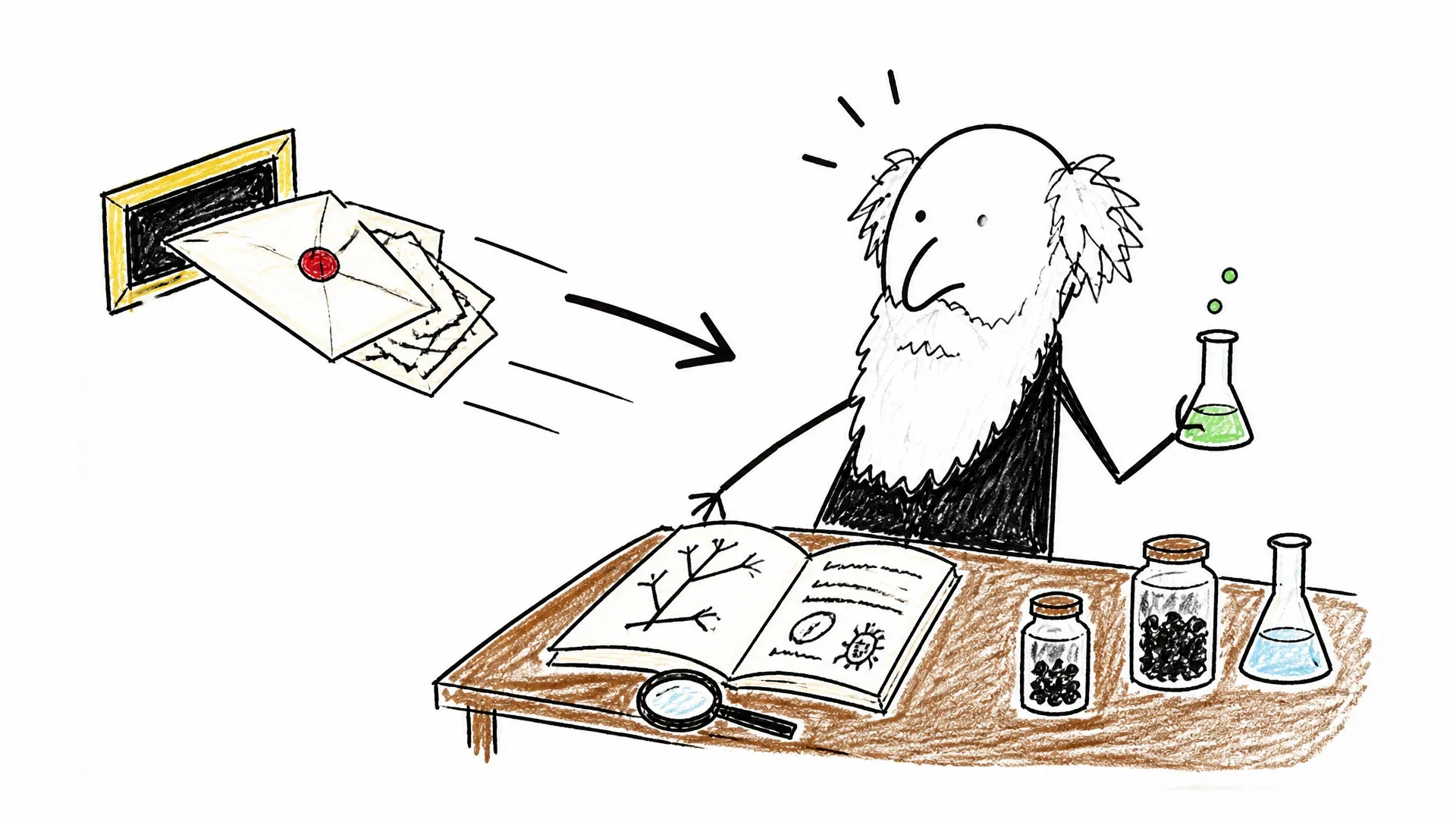 A letter travels from a tropical island to Darwin reading at his desk