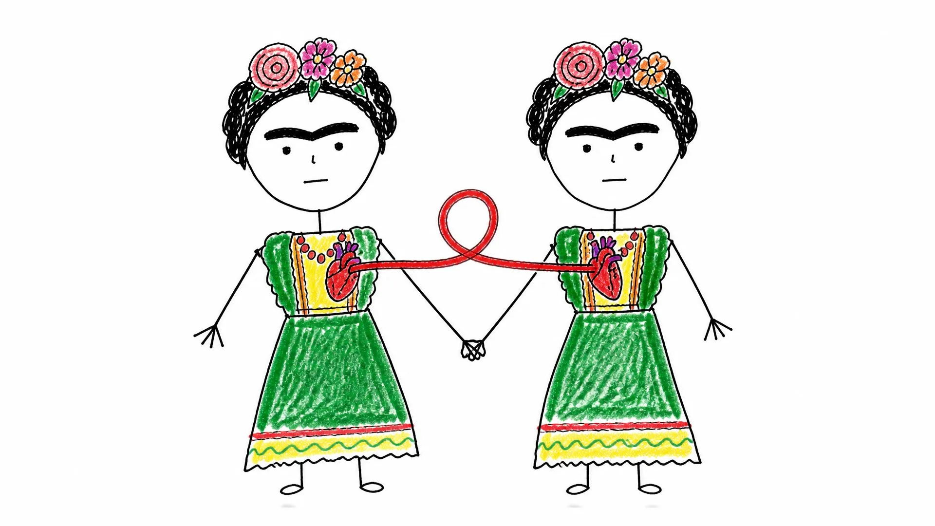 Two versions of Frida Kahlo sit together with their hearts connected