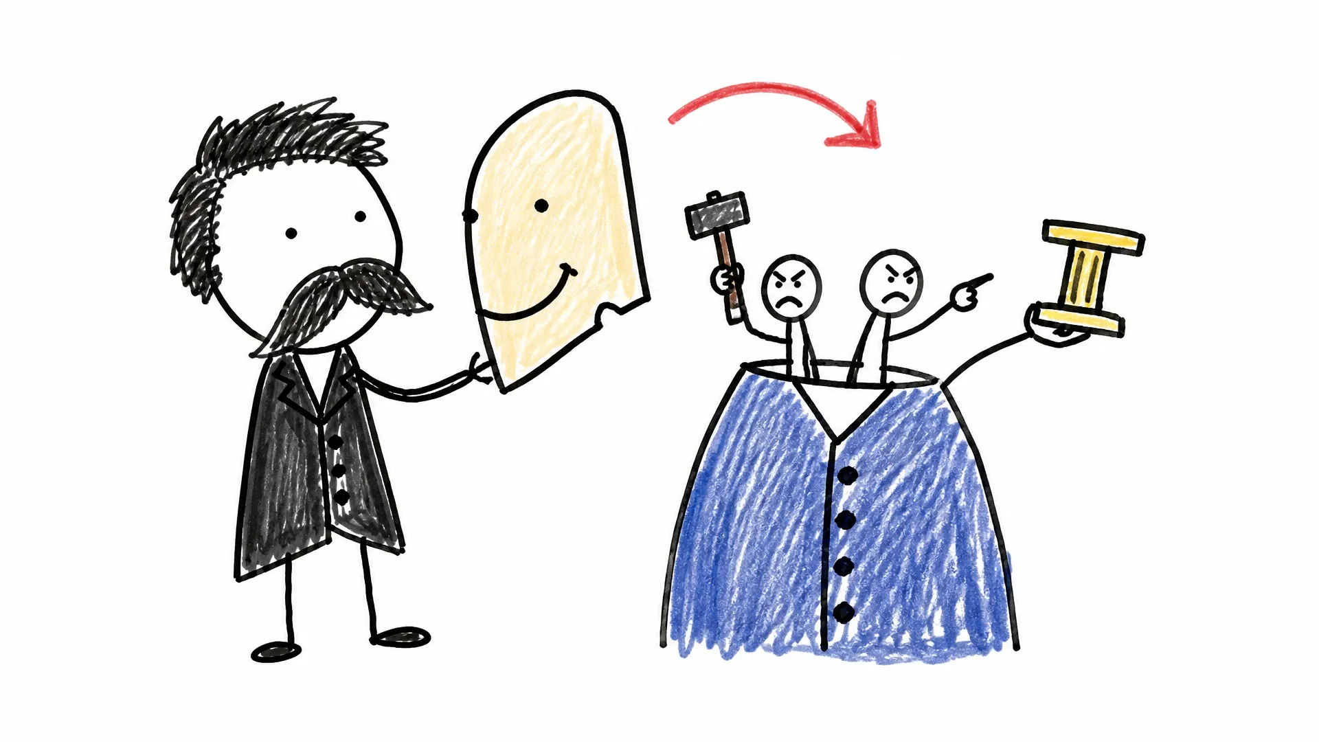 Friedrich Nietzsche removes a smiling mask to reveal anger while another figure holds a gavel