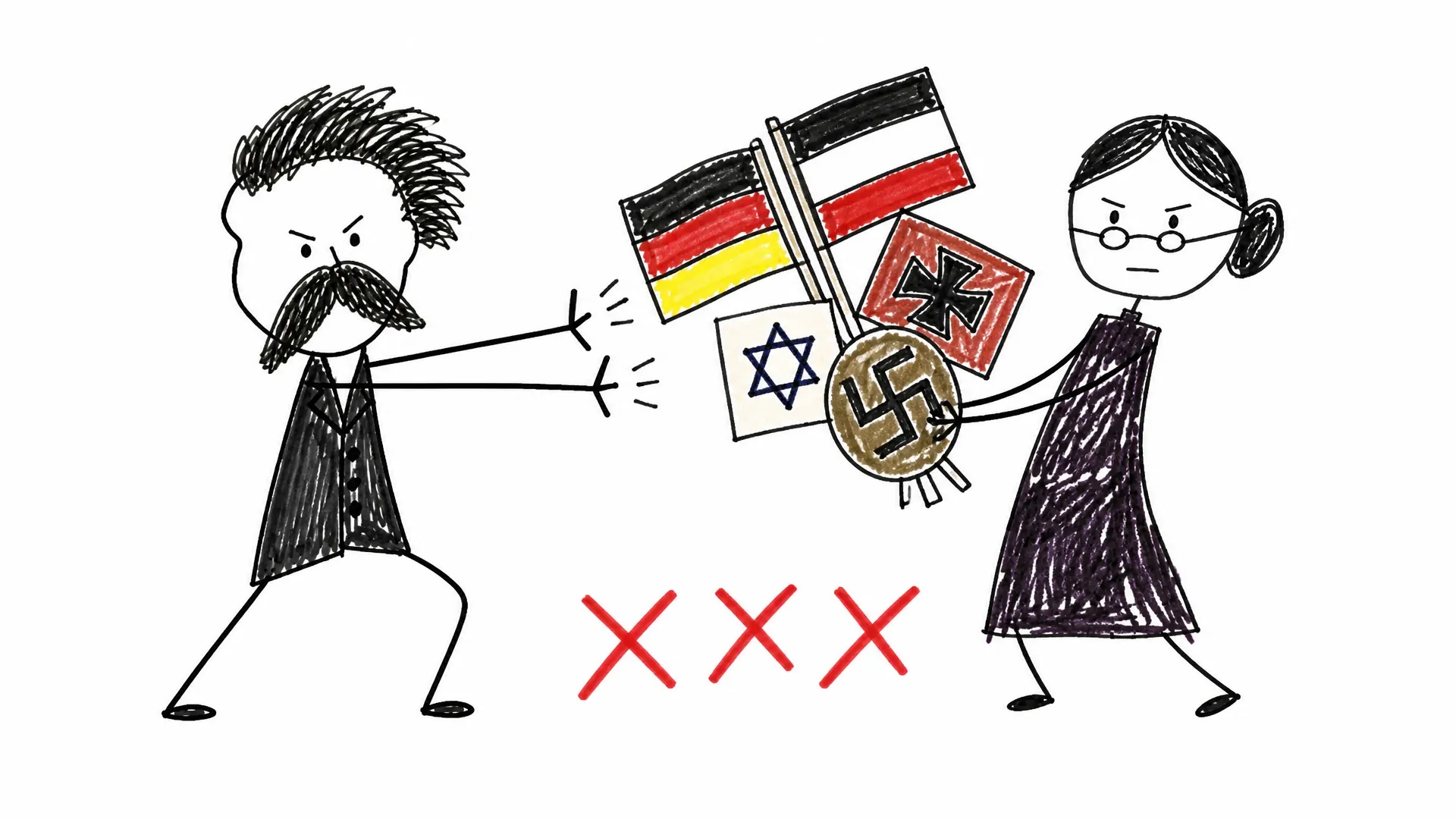 Friedrich Nietzsche rejects nationalist and antisemitic flags while his sister Elisabeth looks on