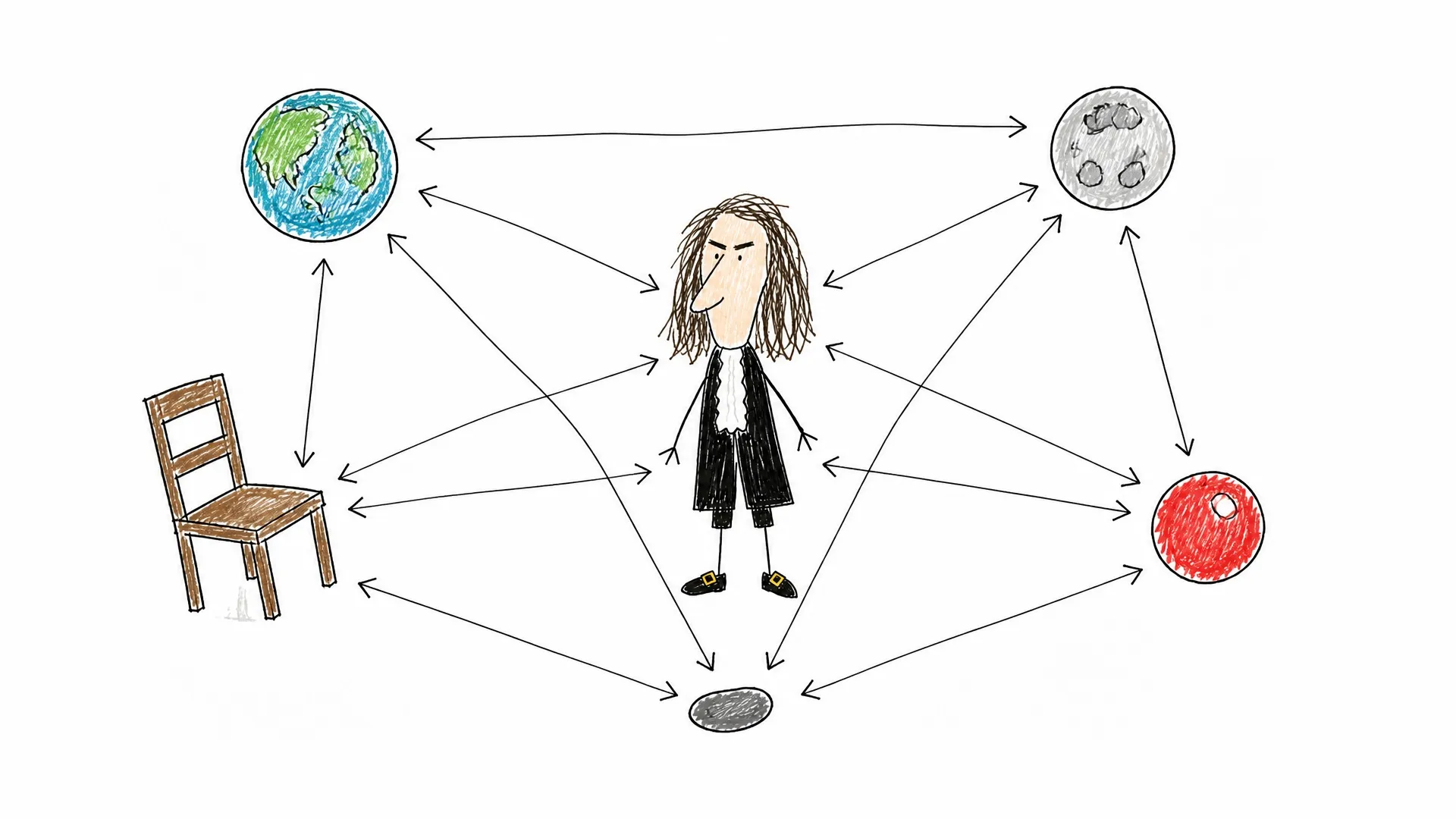 Isaac Newton stands among Earth, the Moon, an apple, a stone, and a chair connected by two-way arrows