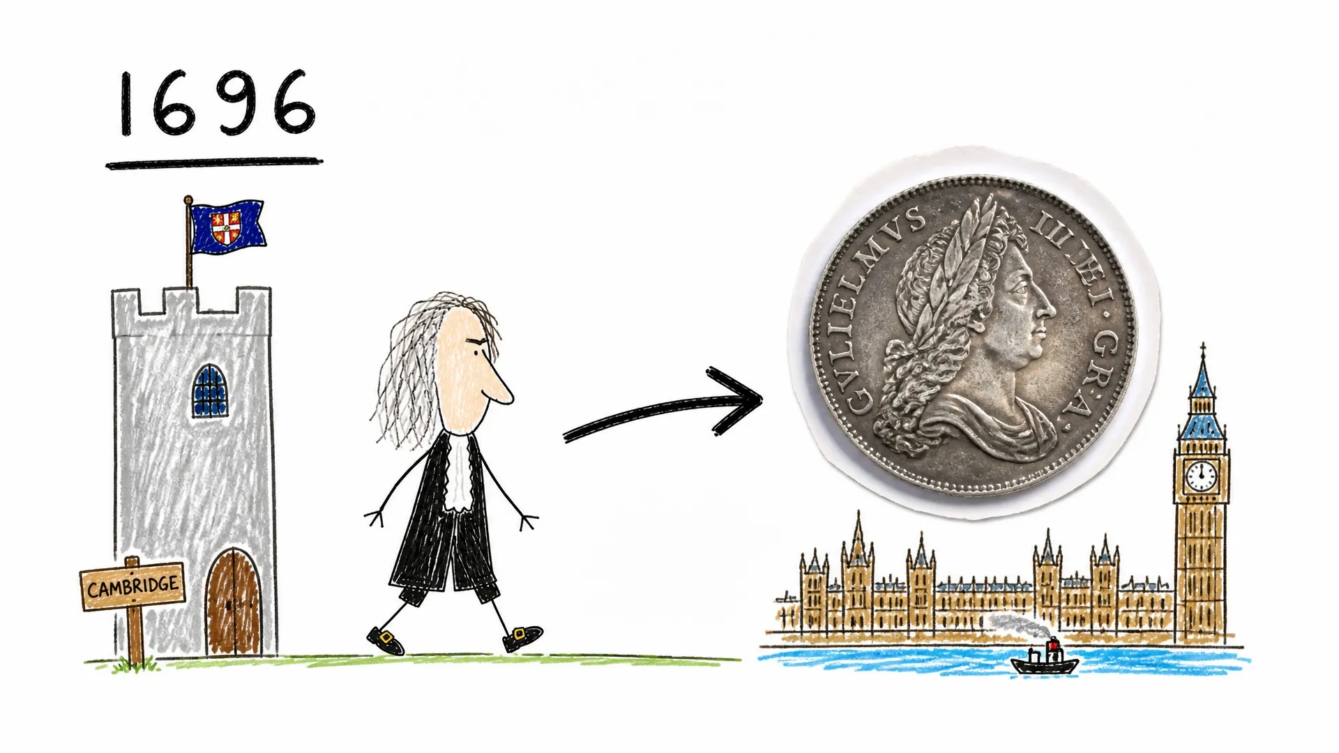 Isaac Newton walks from Cambridge toward a silver coin and London after the date 1696