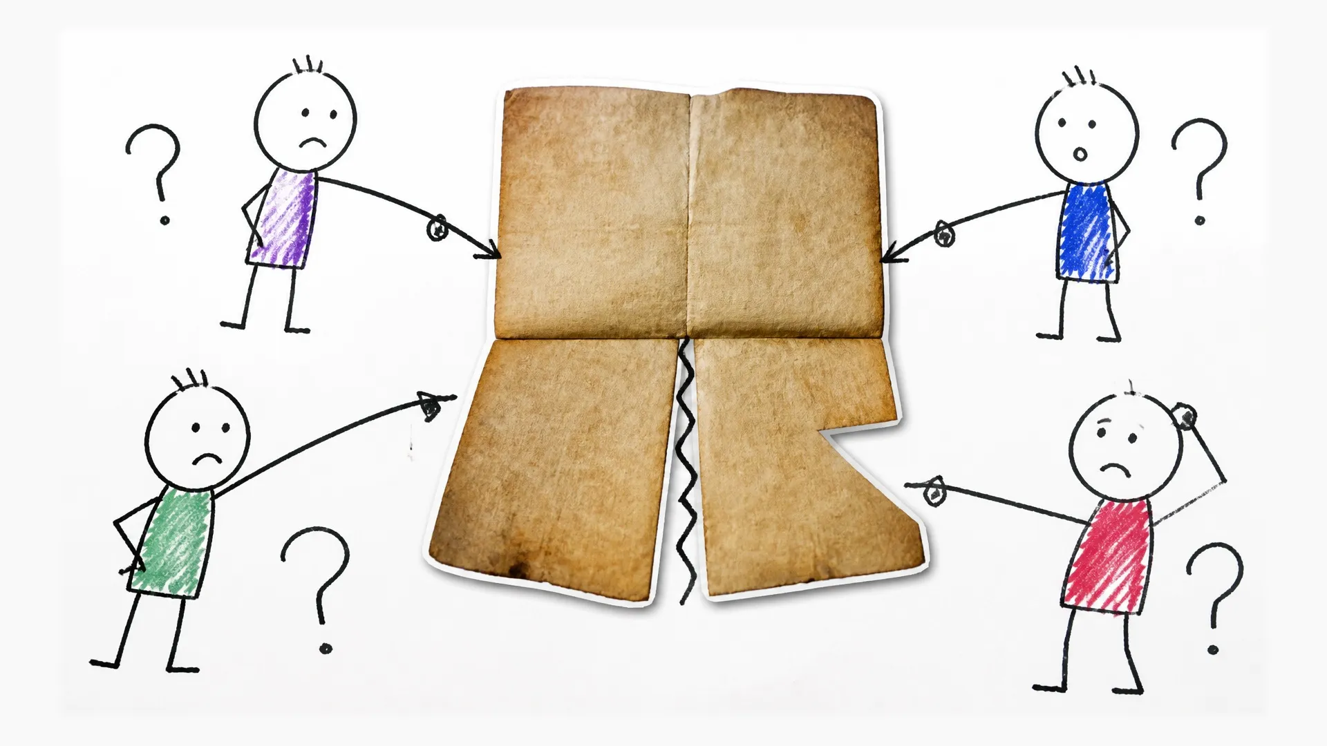 Four uncertain figures examine a torn medieval recantation document