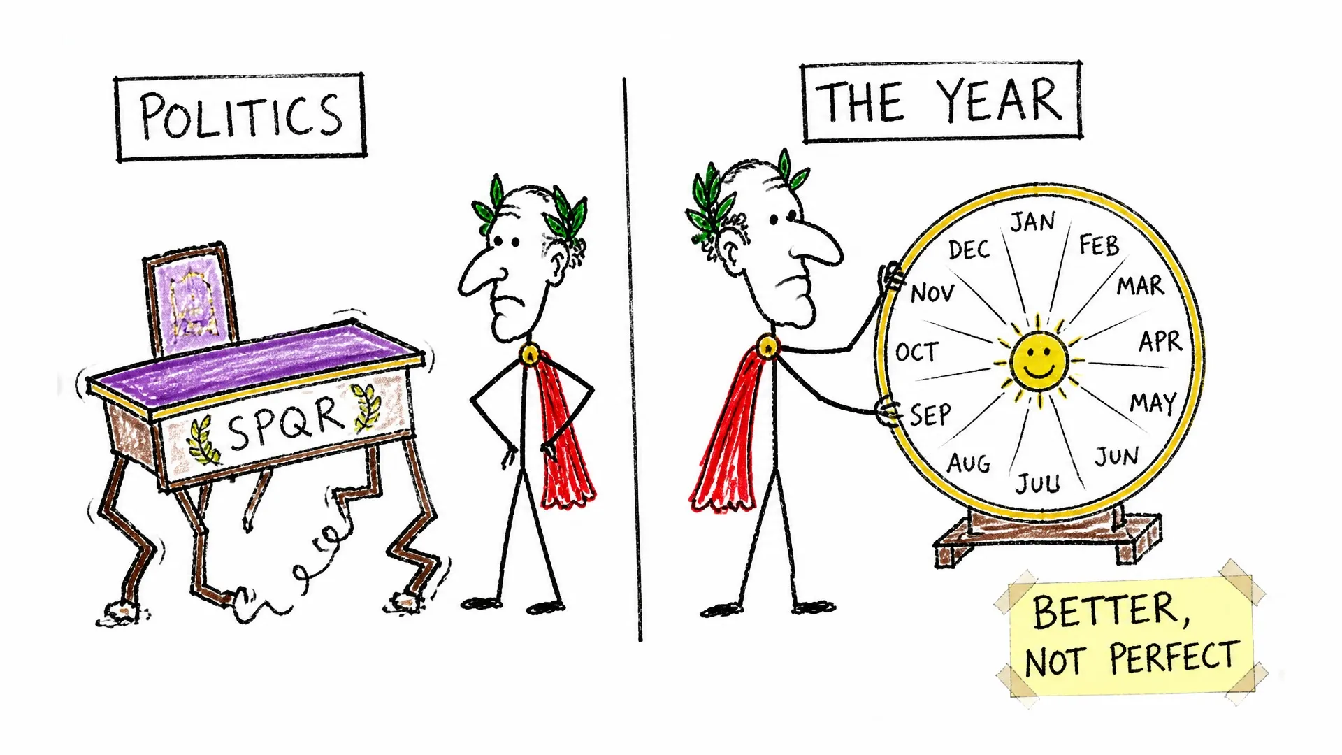 Caesar stands between a collapsing Senate desk and a more accurate circular calendar
