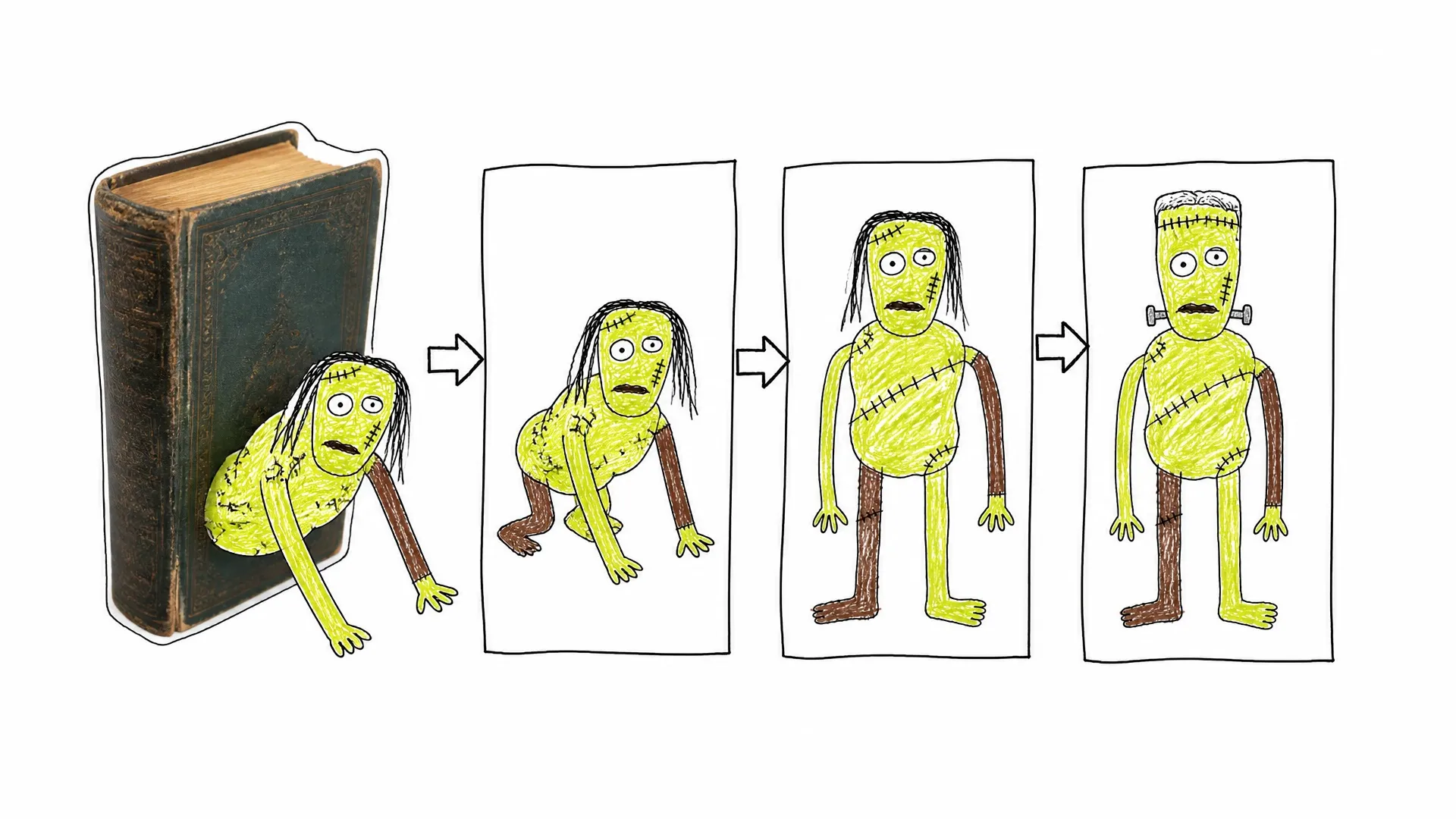 Frankenstein's creature changes from the novel's long-haired figure into the familiar flat-headed movie monster