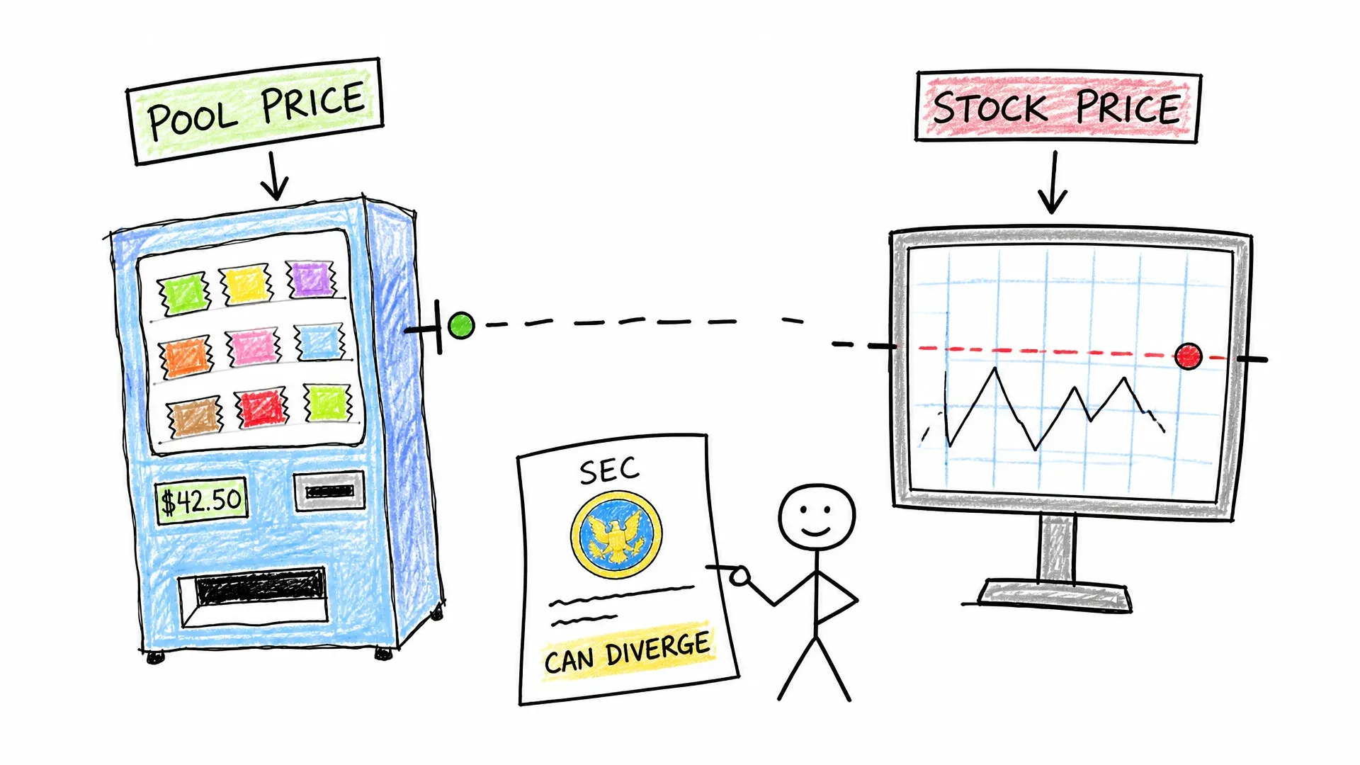 A token vending machine and a separate stock-price chart show two prices that can diverge