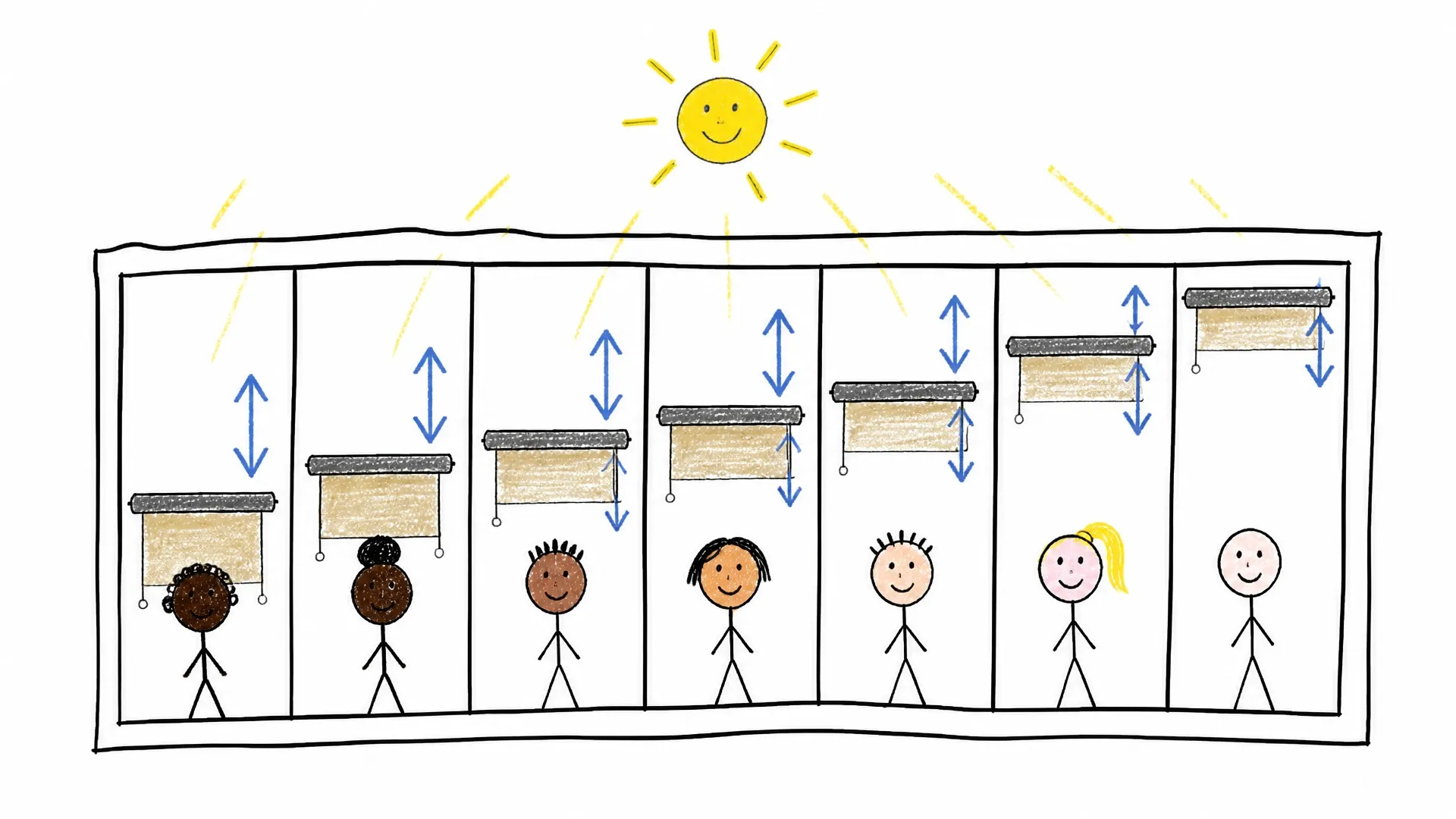 Seven people with a continuous range of skin tones standing beneath window blinds adjusted to different levels of sunlight