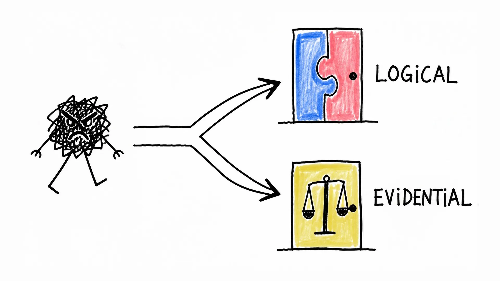 A troubled figure faces separate doors labeled logical and evidential