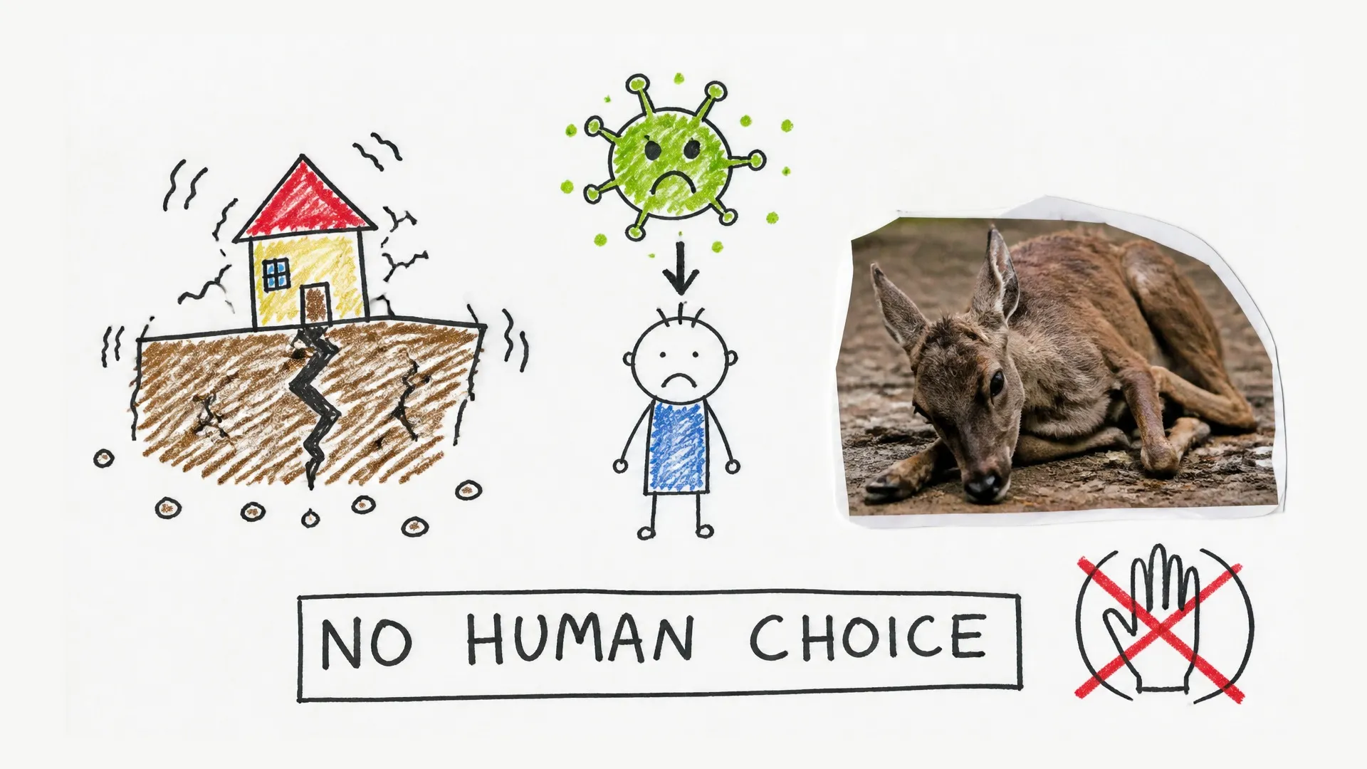 An earthquake, illness, and an injured deer appear beneath the words no human choice
