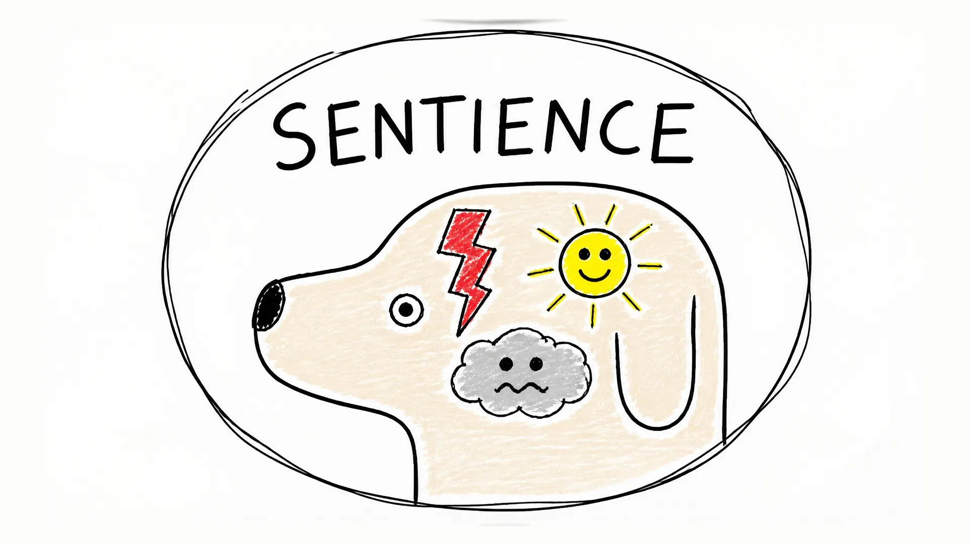 A dog’s head contains symbols for pain, pleasure, fear, and warmth inside a circle labeled sentience