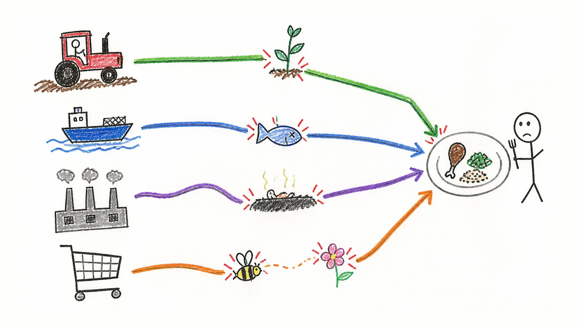 Arrows trace crops, grazing, fishing, factories, transport, and shopping toward a mixed meal