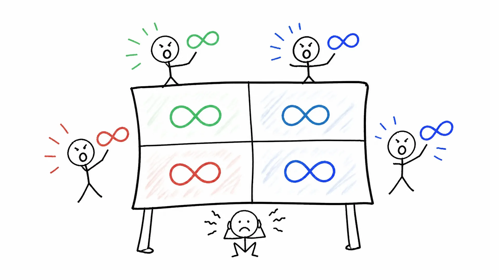 Several people crowd around a payoff table whose competing boxes all contain infinity symbols
