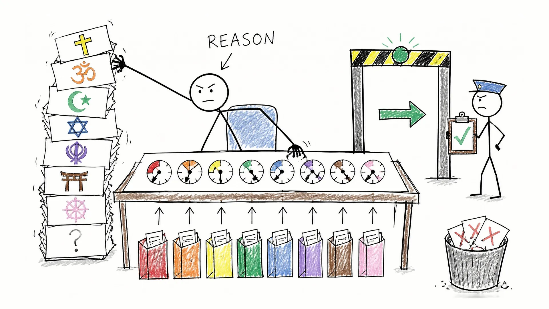 A reason checkpoint weighs several religious symbols and sends only selected options toward a probability table