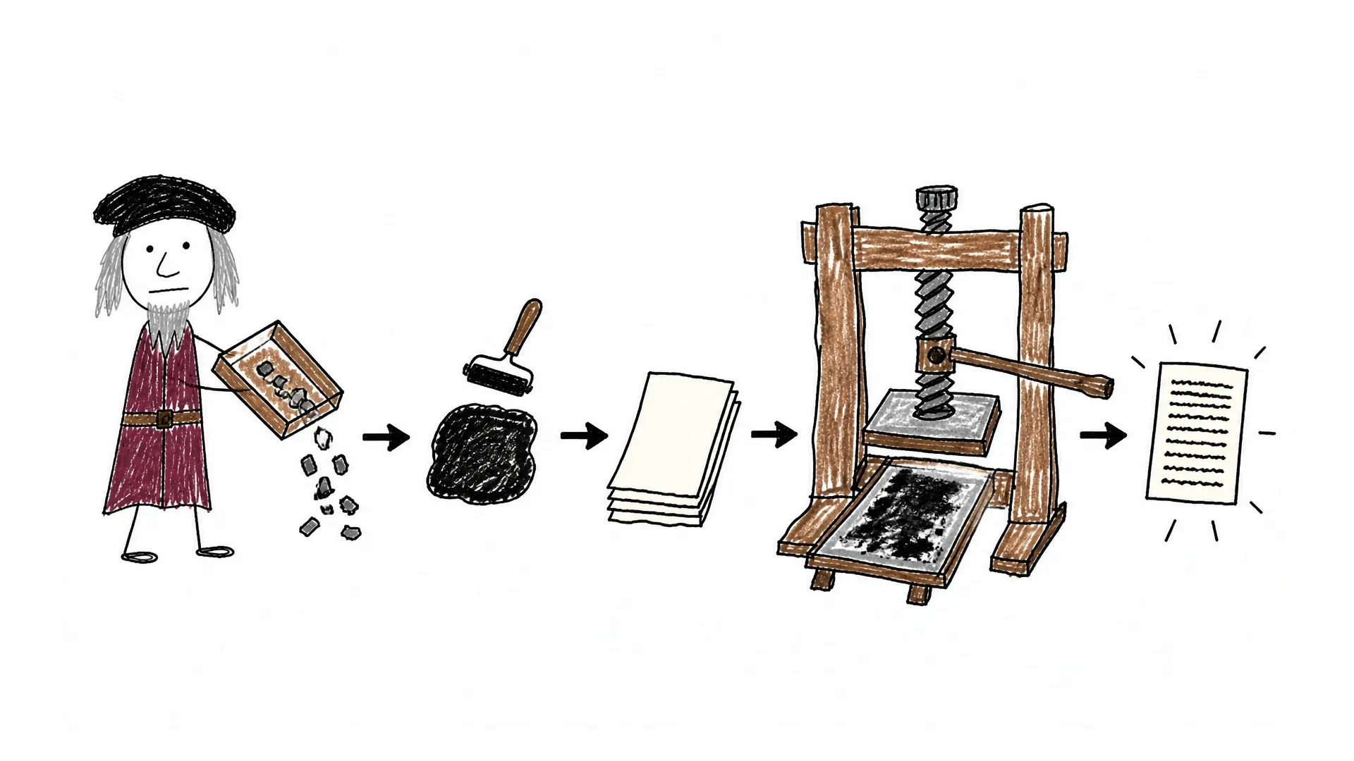 Metal type, ink, paper, and a screw press form one printing workflow