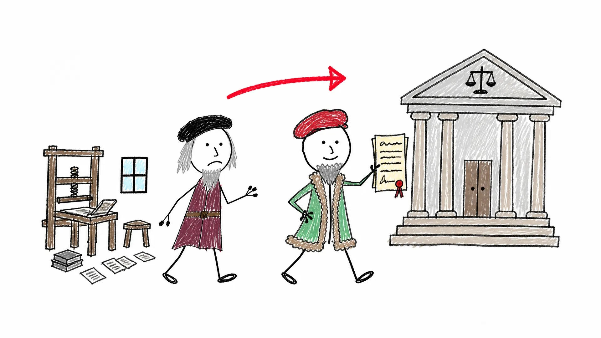 Johann Fust carries a loan agreement from Gutenberg's workshop toward a courthouse