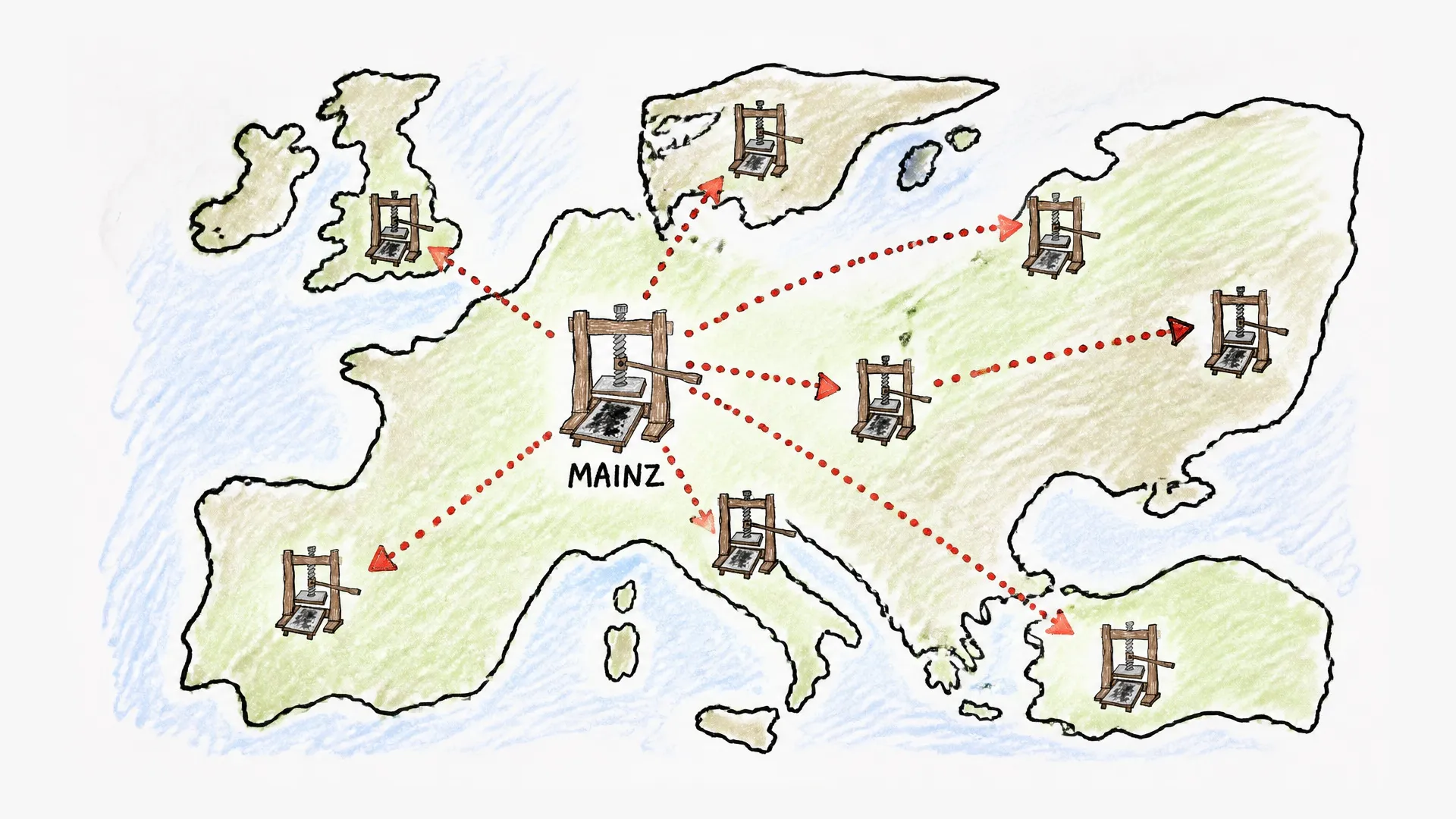 Printing presses spread outward from Mainz across a map of Europe