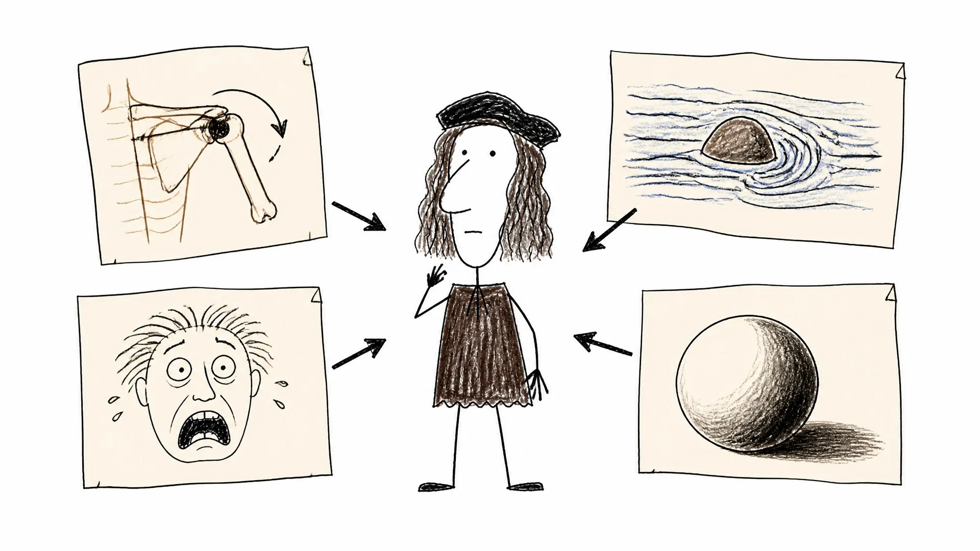 A badly drawn Leonardo surrounded by studies of a shoulder, a face, water around a rock, and light and shadow on a sphere