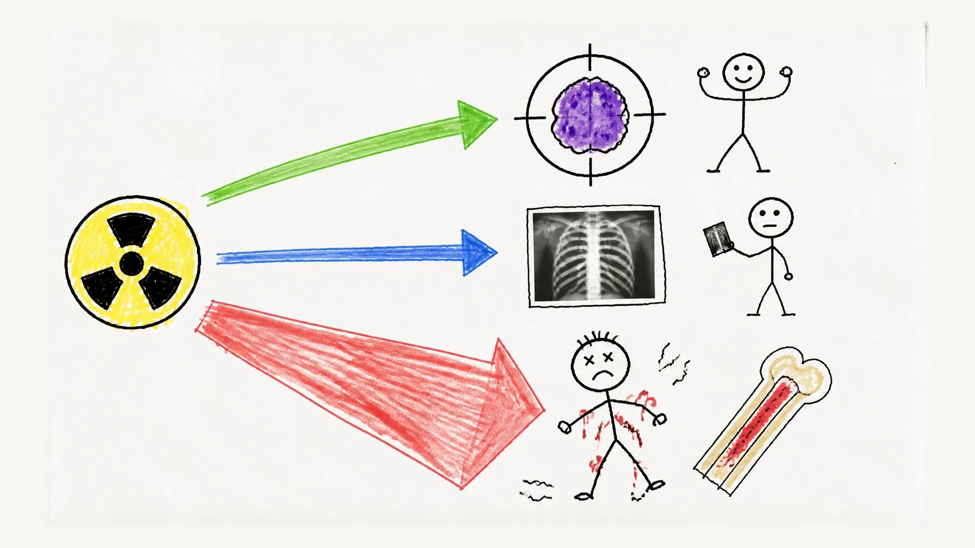 Radiation arrows point toward cancer treatment, X-ray imaging, and damage to healthy tissue and bone marrow