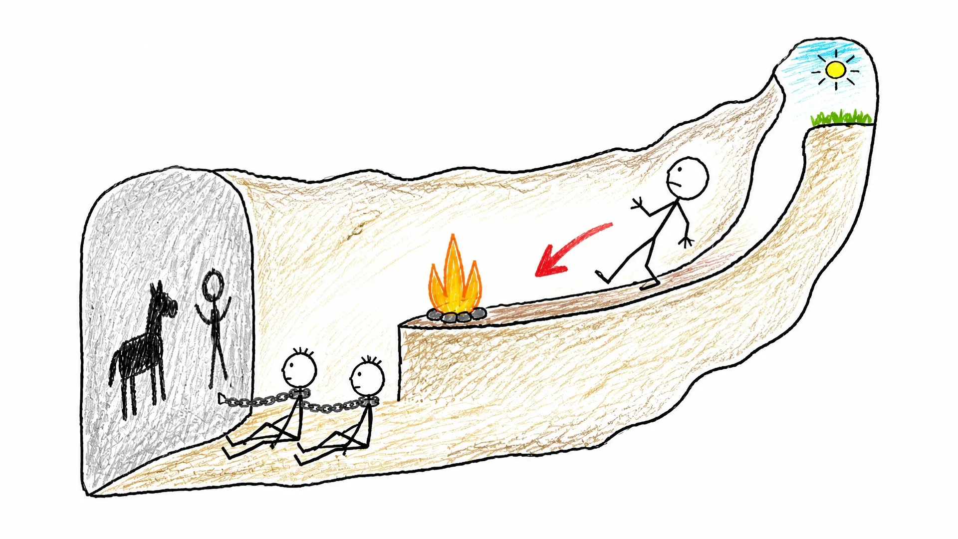 A badly drawn person walking back down from sunlight past a fire toward two chained prisoners watching shadows
