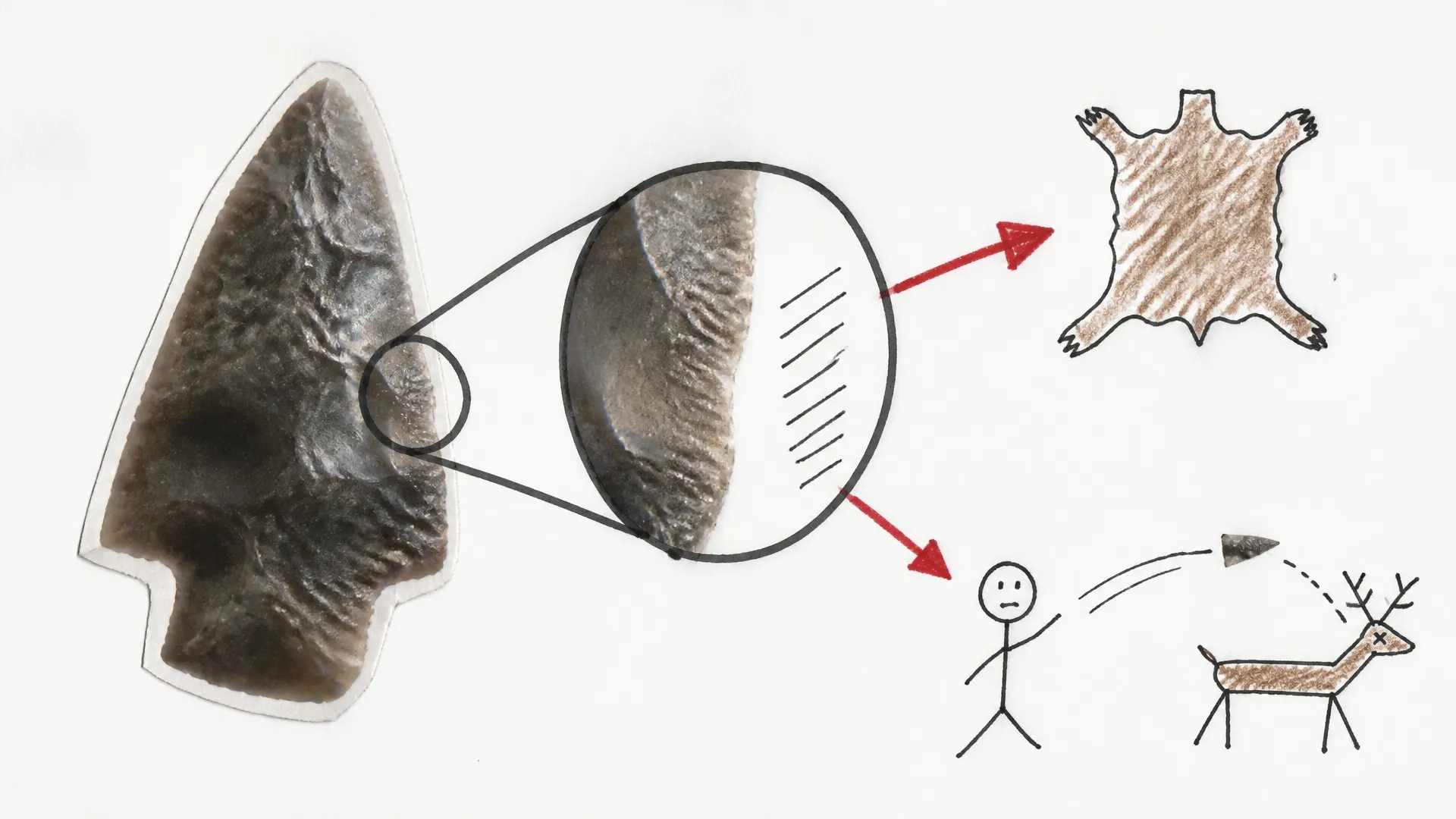 A stone projectile point with magnified edge wear connected to hide processing and a thrown spear