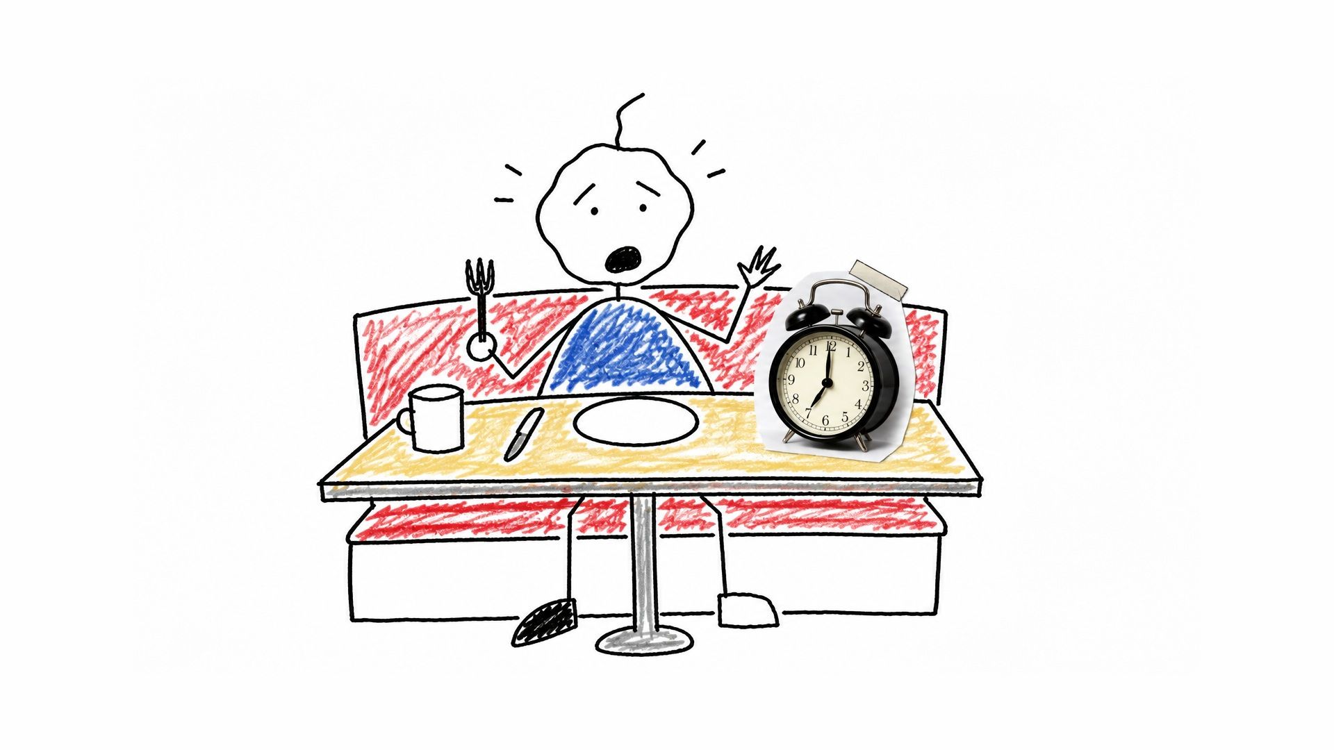 A startled stick-figure diner at a crayon table beside a realistic cut-out alarm clock