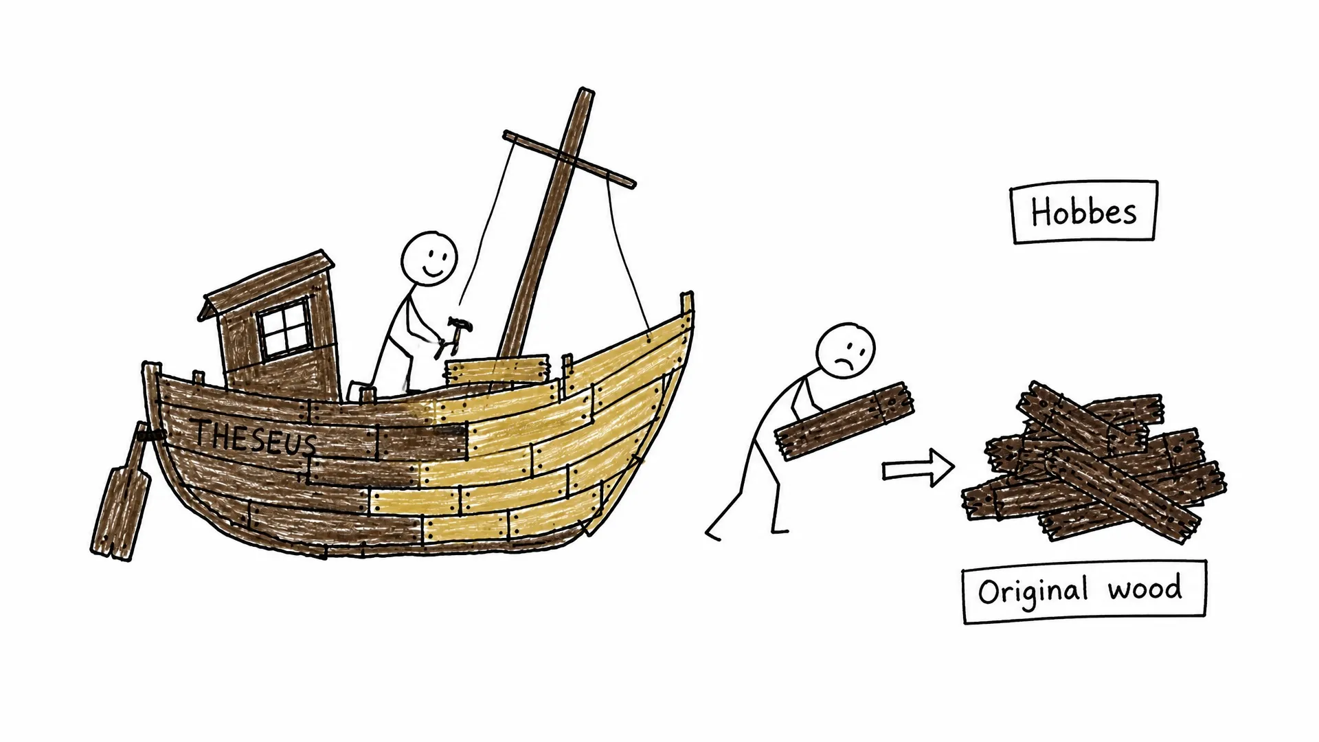 A repaired Ship of Theseus remains in use while its removed original planks accumulate nearby