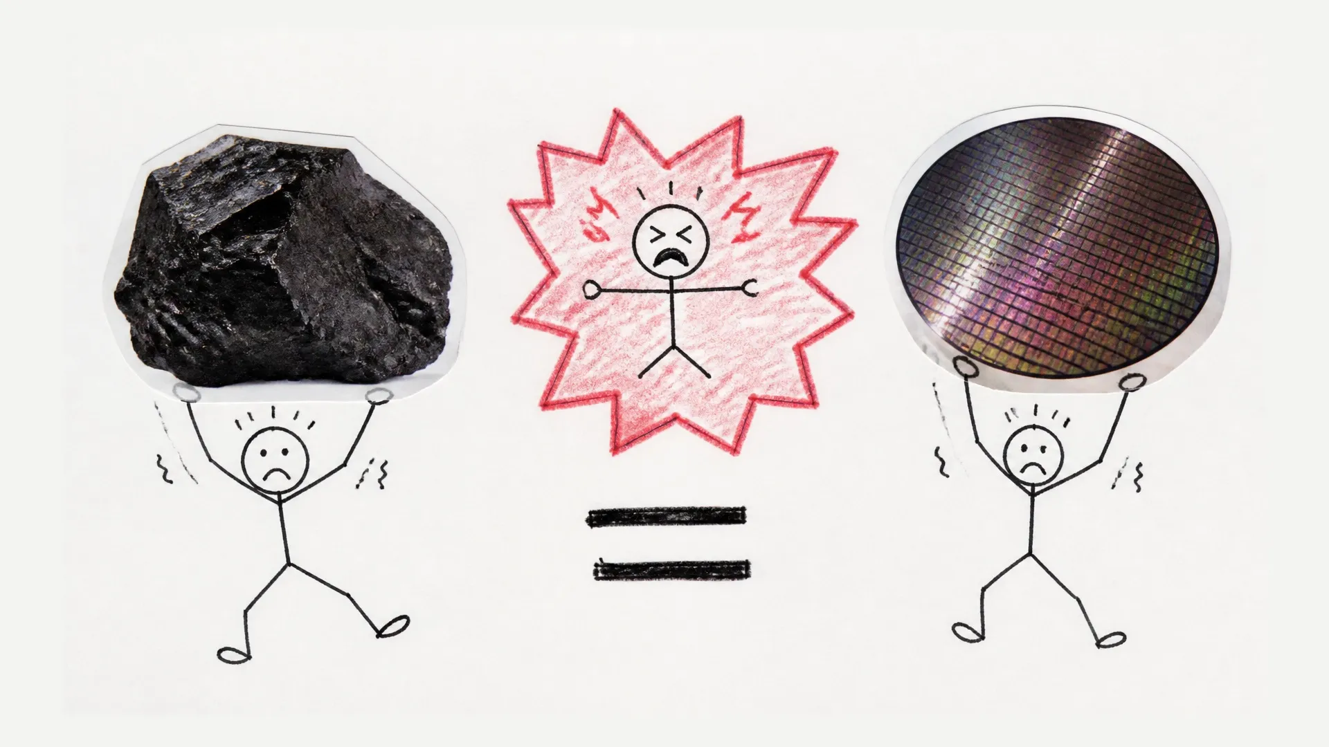 One figure carries coal and another carries a silicon wafer while a person experiences pain between them