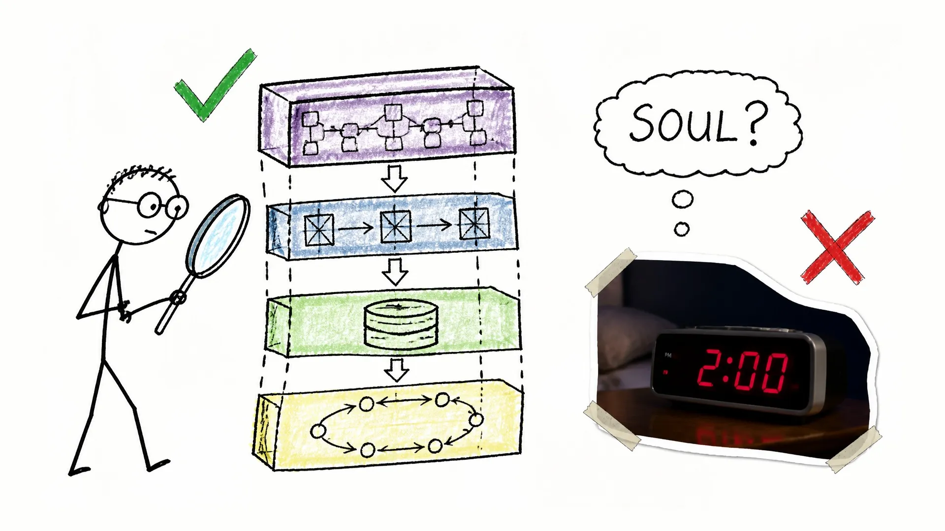 A researcher inspects four layers of an AI system while rejecting an alarm clock's claim to have a soul